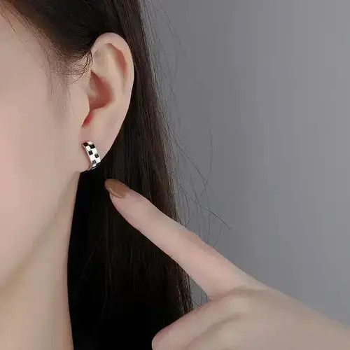 Sterling Silver Black Lattice Square Shape Earrings Size ONE SIZE - 2 Thumbnail