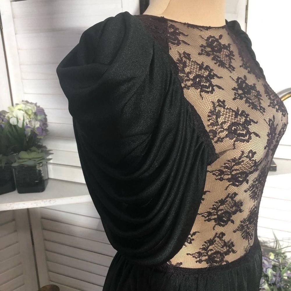 Vintage 80s black sheer lace puffed sleeves peplum cocktail dress S Size M / US 6-8 / IT 42-44 - 4 Thumbnail