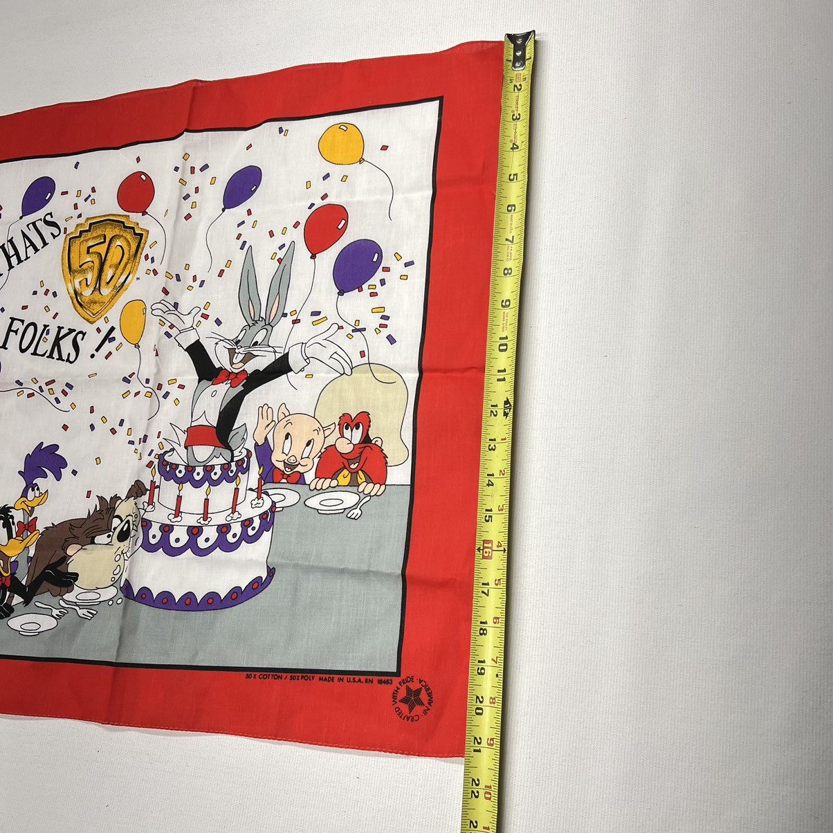 Vintage × Warner Bros VTG Looney Tunes Bandana Handkerchief Bugs Bunny 50th Size ONE SIZE - 12 Thumbnail
