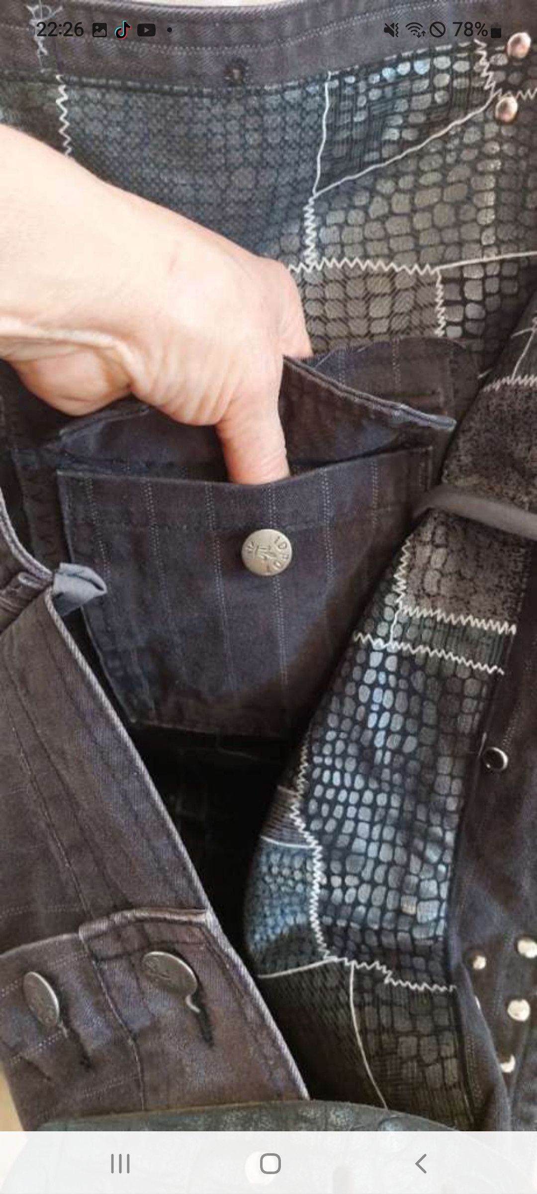 Handmade Upcycled Denim Jacket Tote with Leather Belt Straps Size ONE SIZE - 6 Thumbnail