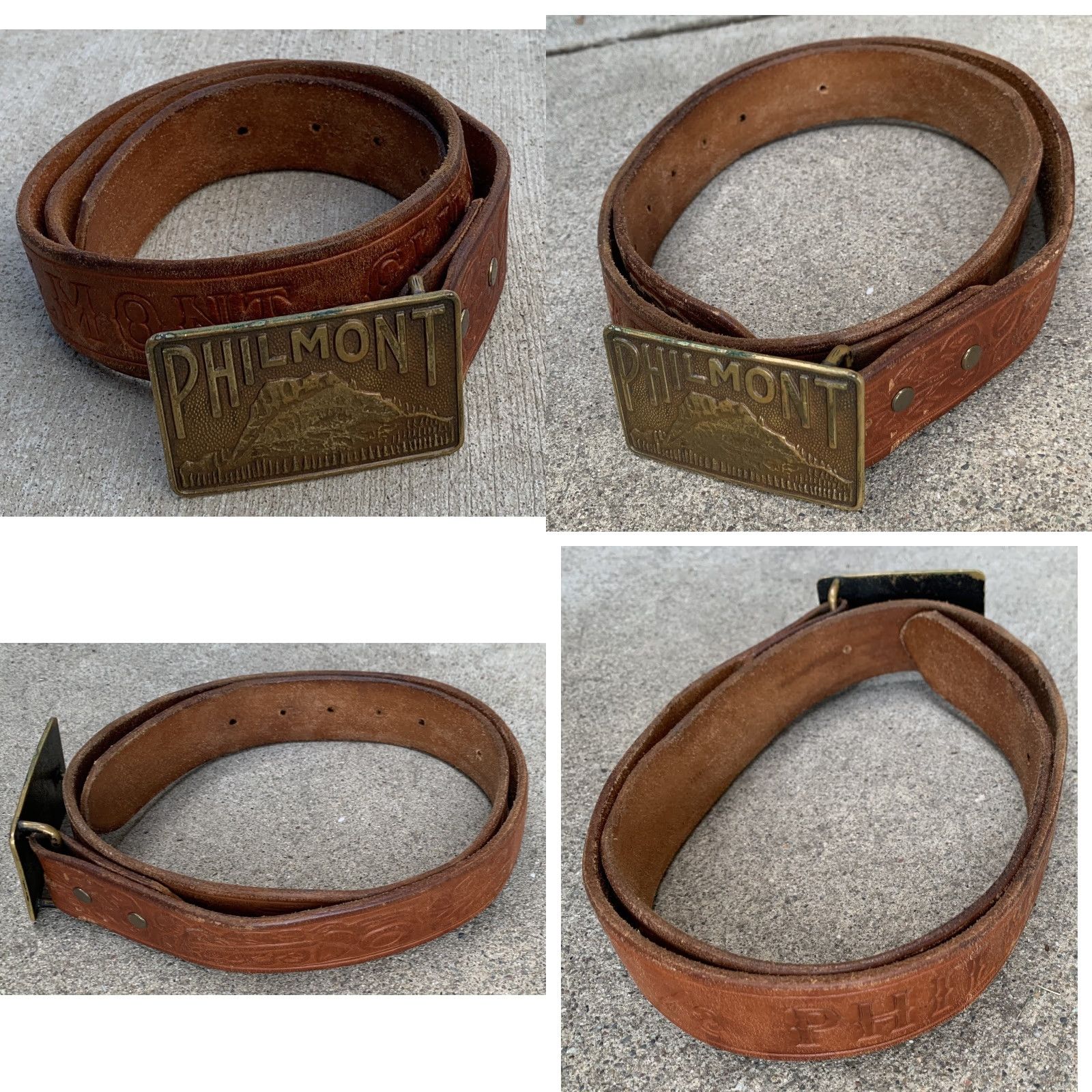 Vintage Philmont Belt Buckle Bastian Bros Co Rochester NY 1939 Union Made Tooled Leather Belt Brown Men Vintage Cowboy Western Size ONE SIZE - 8 Thumbnail