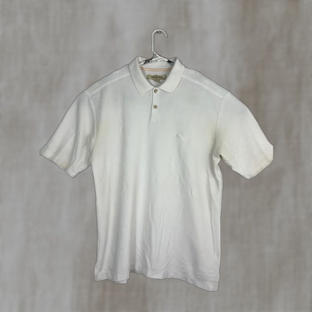 Tommy Bahama Polo Shirt Mens XL White Pima Cotton Short Sleeve Pullover Stains Terminal Pit Stains - Beach Golf Walking (Regular) M