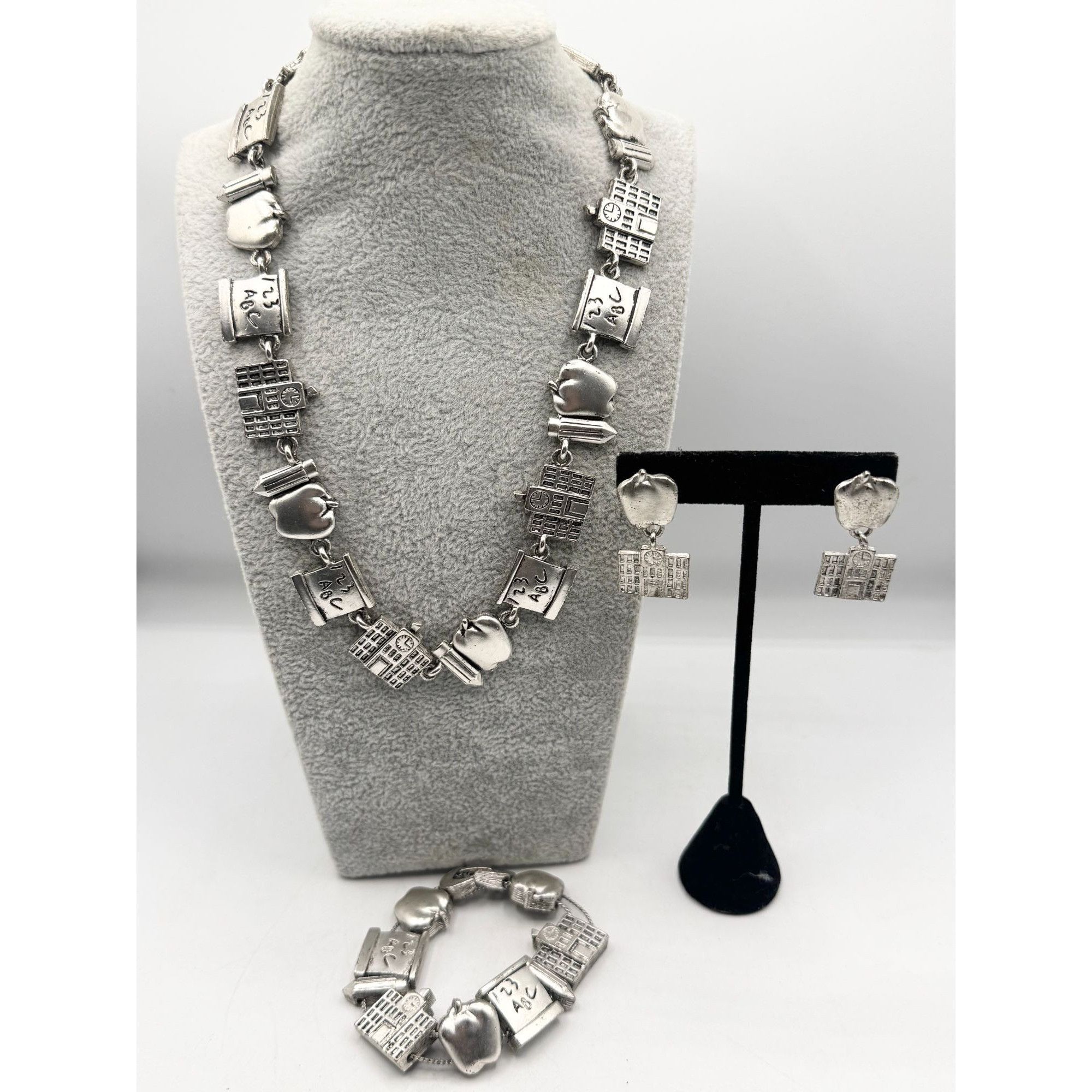 Vintage School teacher Apple Pencil silver charm necklace bracelet & Size ONE SIZE - 3 Thumbnail