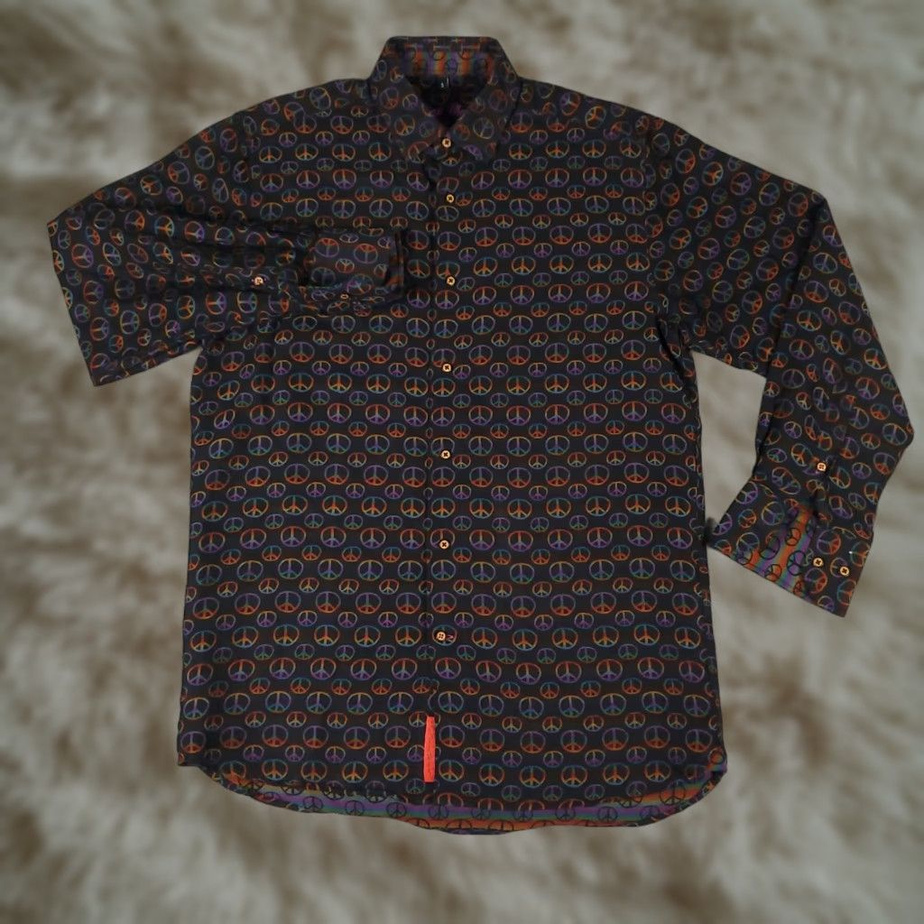 Luchiano Visconti Visconti Shirt Mens Small Black Peace Sign All Over Print Button Up Long Sleeve Size US S / EU 44-46 / 1 - 1 Thumbnail