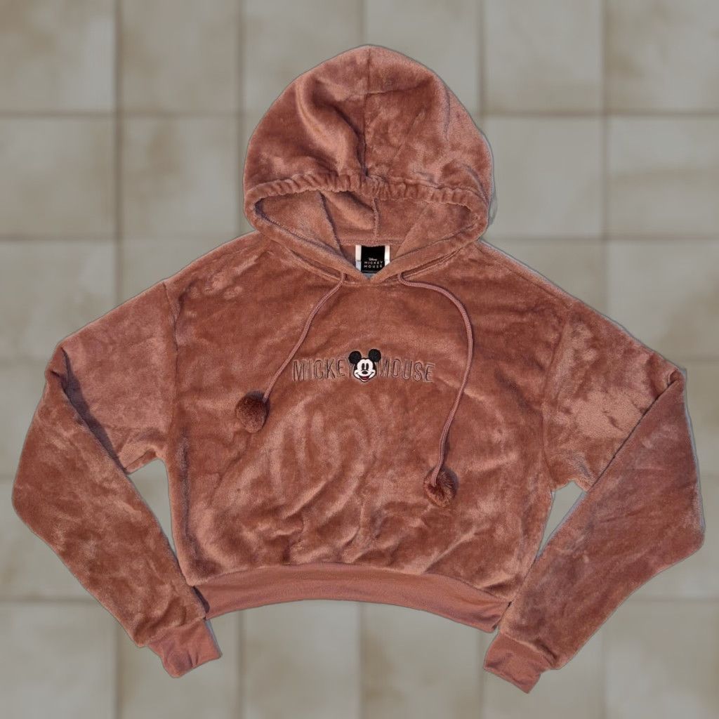 Disney Disney Hoodie Mickey Mouse Cropped Fleece Pullover Sweatshirt XS Womens Pink Rose Gold Short Sleeve Long Sleeve Logo Accents Regular Fit Pom Pom Nike Size XS / US 0-2 / IT 36-38 - 1 Thumbnail