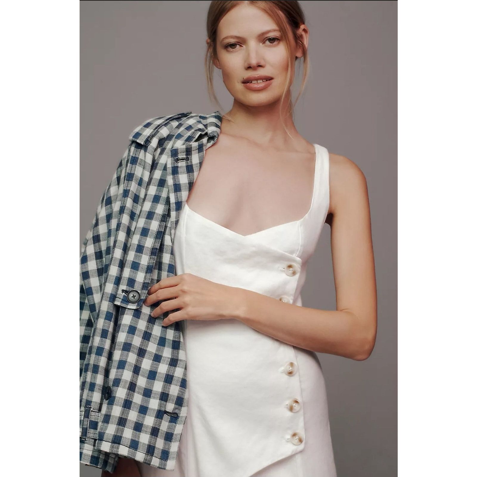Anthropologie NWT Sleeveless Square-Neck Linen Button Wrap Midi Dress $178 Size XL / US 12-14 / IT 48-50 - 2 Thumbnail
