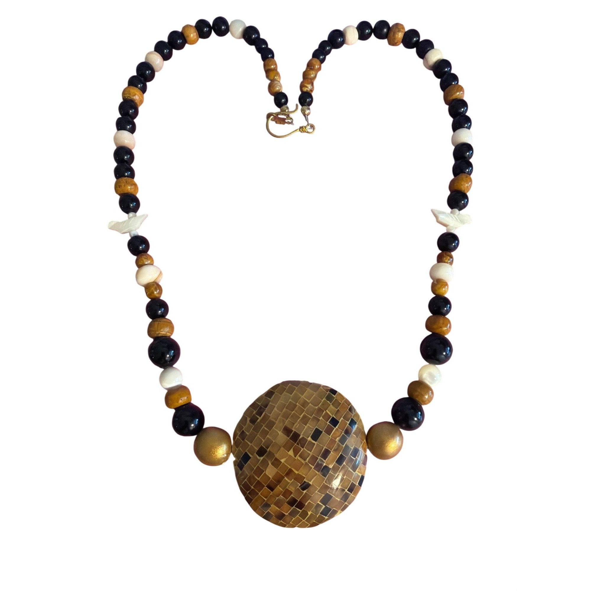 Other Vintage Glass Quartz Agate Bead Necklace Mosaic Pendant Carv Size ONE SIZE - 1 Thumbnail