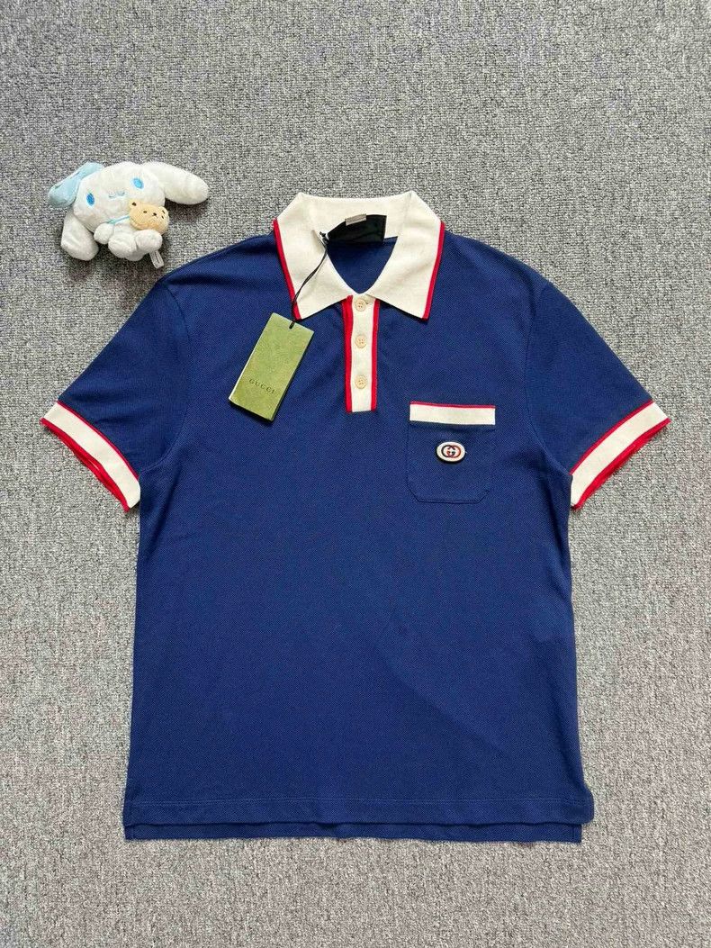 Gucci Blue Red Embroidered Logo Polo Shirt