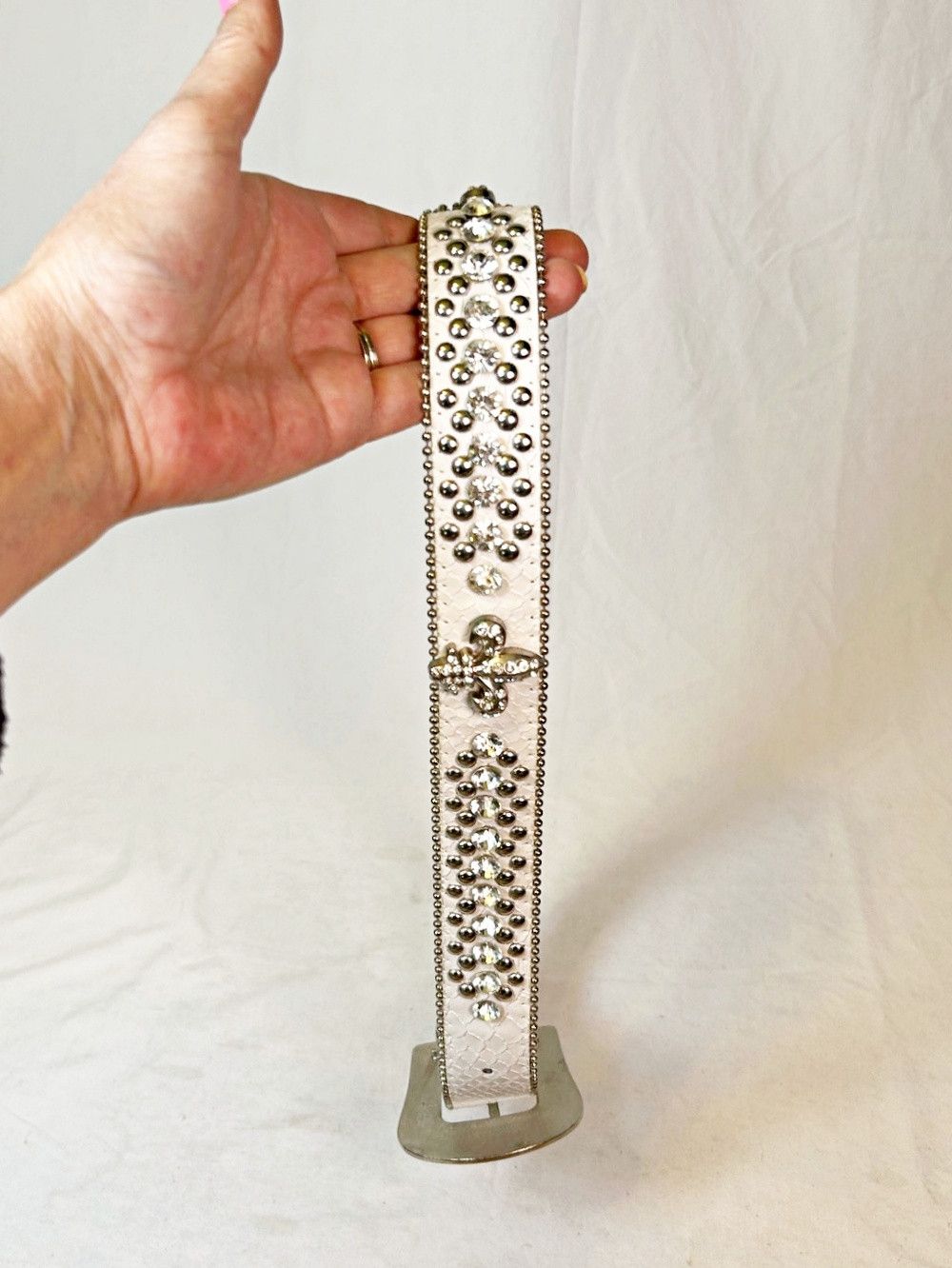 Other White Leather Snakeskin Rhinestone Fleur de Lis Western Belt Size ONE SIZE - 3 Thumbnail