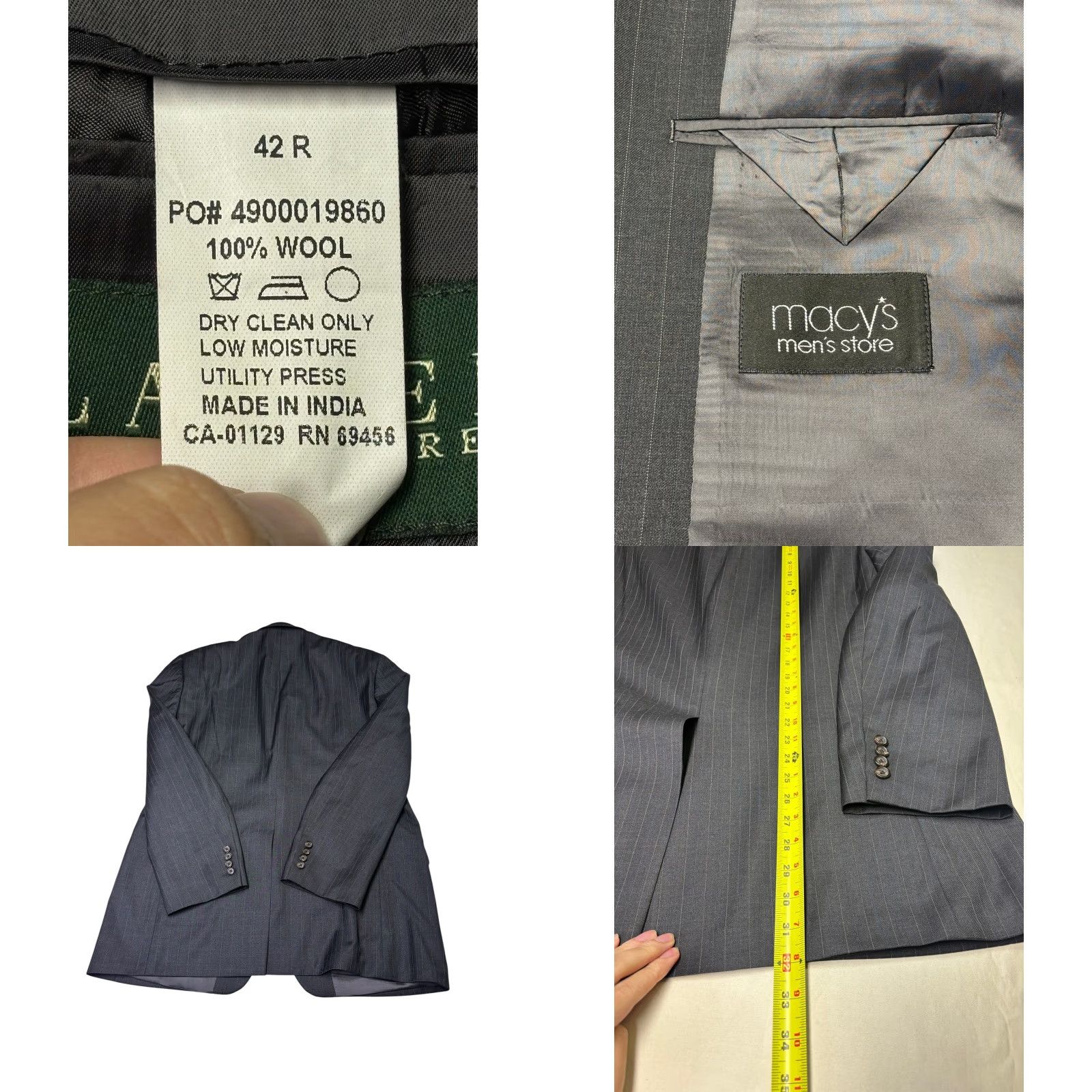 Ralph Lauren Lauren Ralph Lauren Mens 42R Wool Pinstripe Suit Jacket Blazer Charcoal Grey Size 42R - 8 Thumbnail