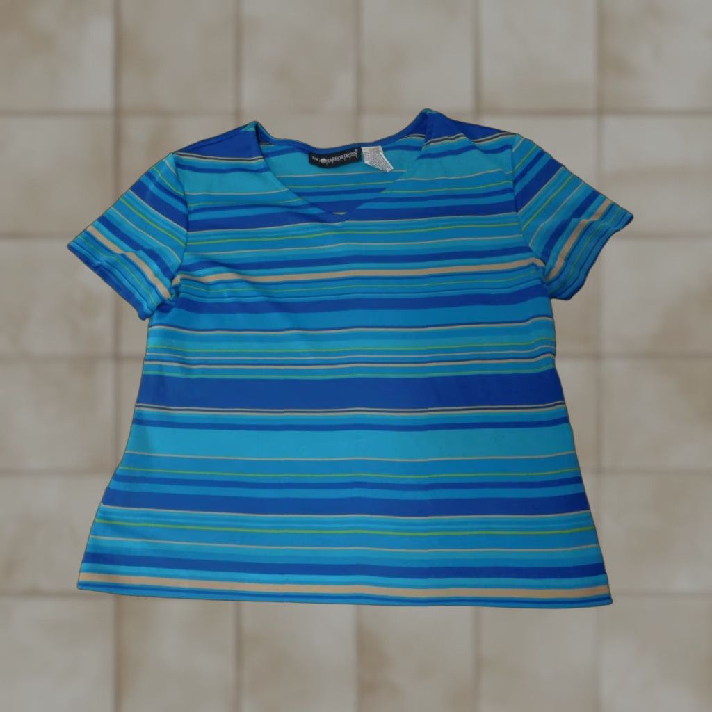 Vintage Sag Harbor Blouse Shirt Womens 12P Petites Striped Blue Crew Neck Cap Sleeve Ruffle Short Sleeve Casual Vintage: No Size XL / US 12-14 / IT 48-50 - 1 Thumbnail