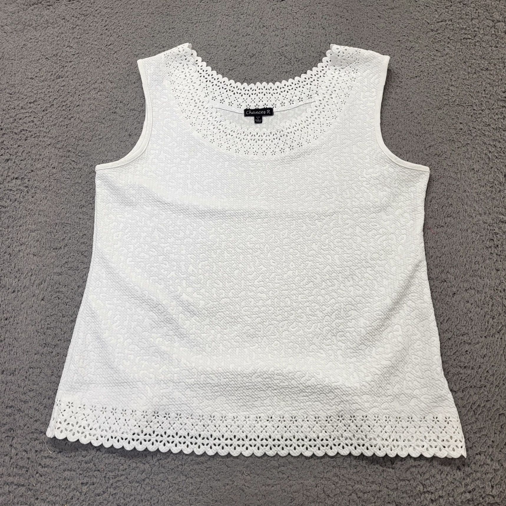 Vintage Chances R Tank Top Womens L White Sleeveless Cutouts Embossed Stretchy Floral Size L / US 10 / IT 46 - 2 Thumbnail