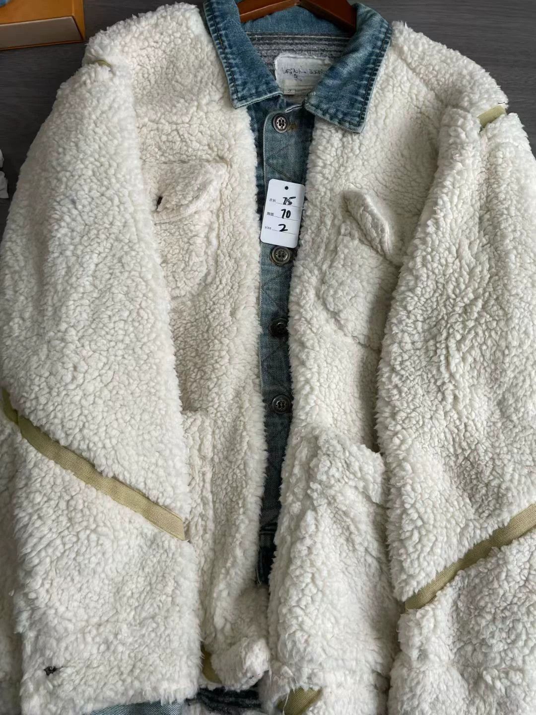 Greg Lauren Denim Shearling Patchwork Jacket