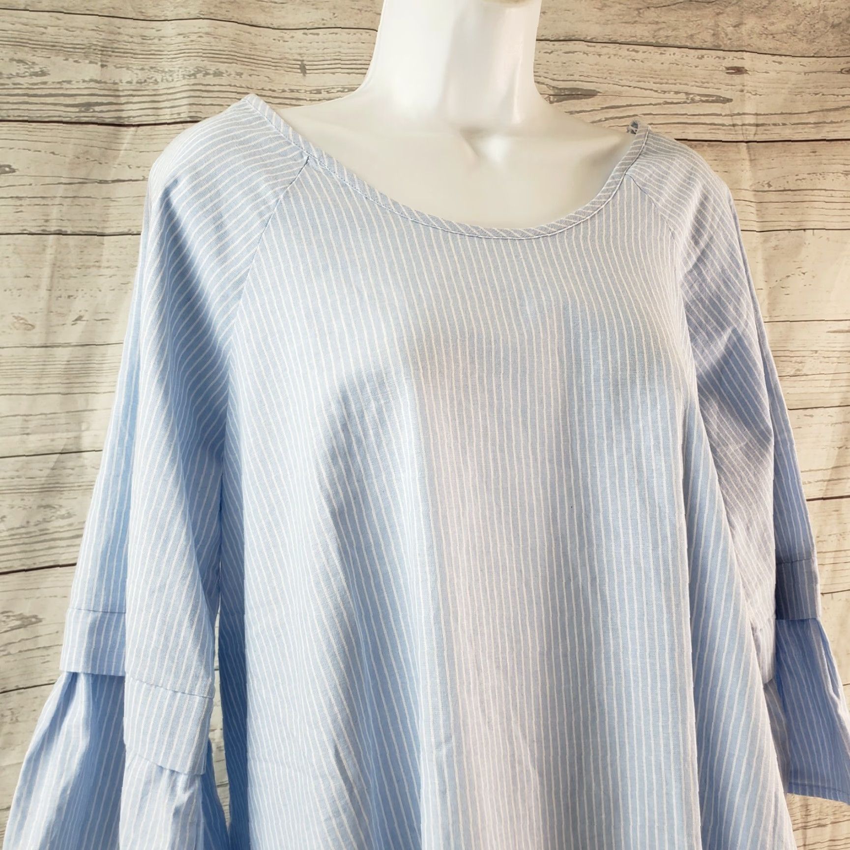 Vintage Pleione Womens Striped Top Shirt 3/4 Sleeve Blue White Ruffle Hem Cotton M Womens Size M / US 6-8 / IT 42-44 - 2 Thumbnail