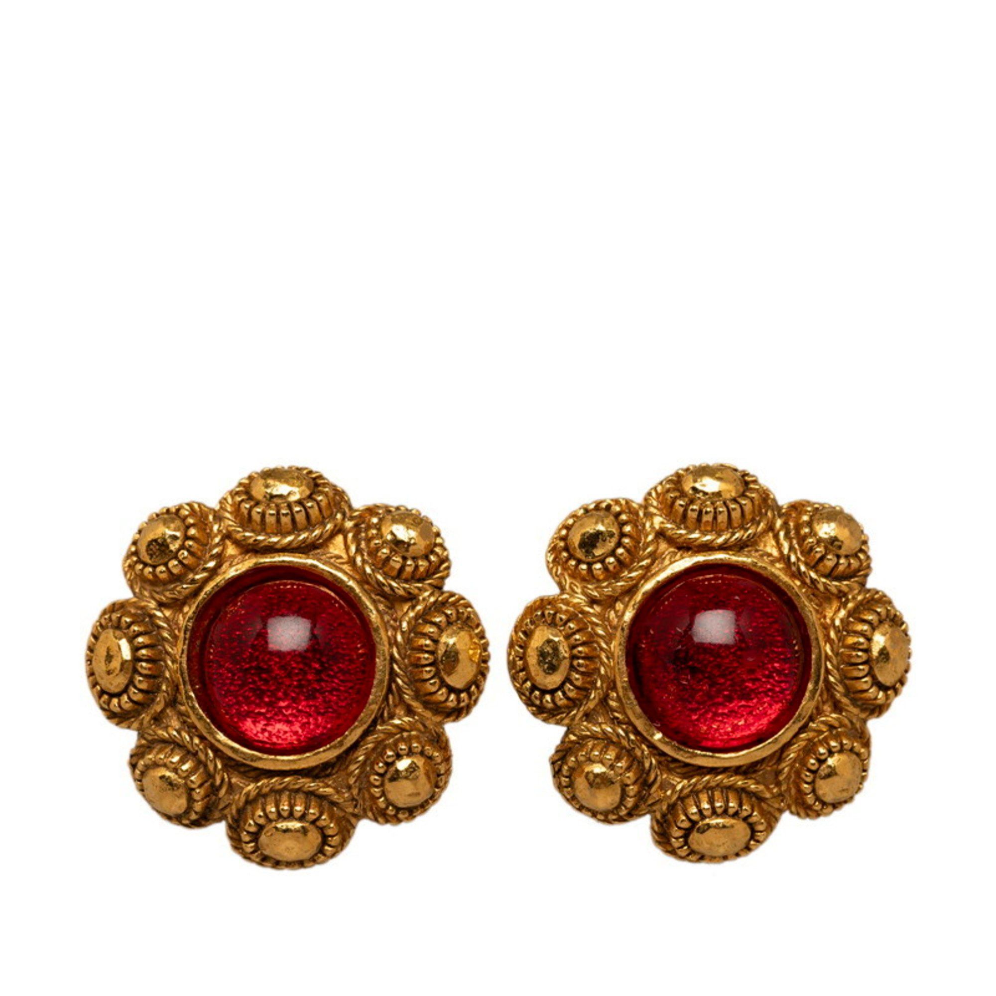image of Chanel Colored Stone Flower Motif Earrings Gold Red Plated Resin Women's