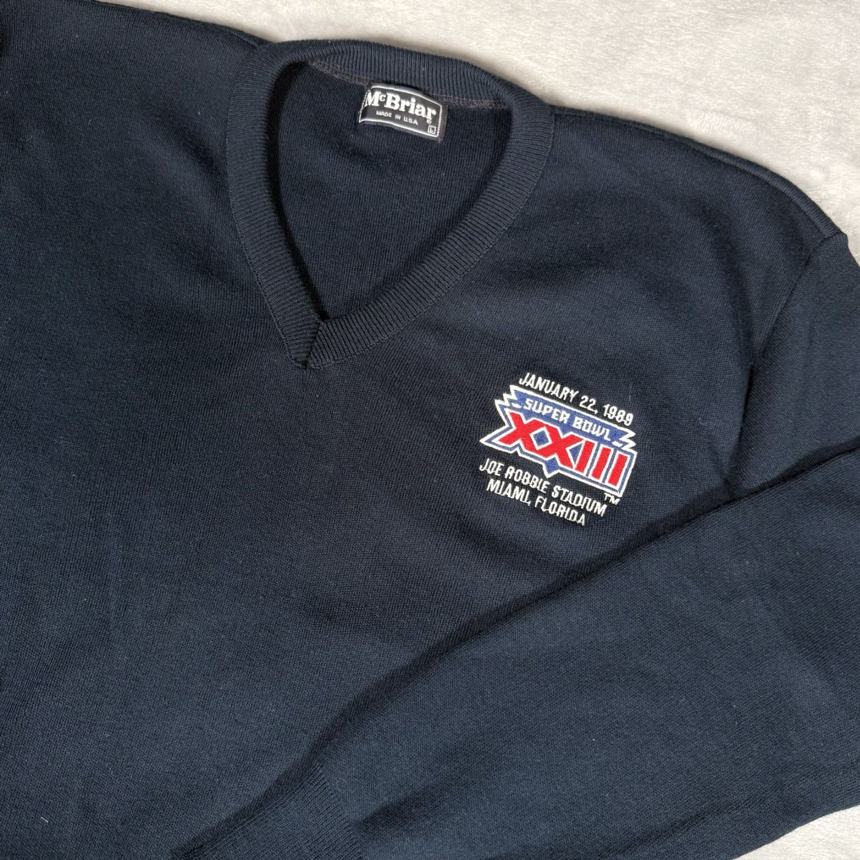 Vintage VINTAGE NFL Superbowl XXIII V Neck Sweater Mens L Acrylic Blue 80s Miami Florida NFL Logo Embroidered Pullover Knit Size US L / EU 52-54 / 3 - 2 Thumbnail