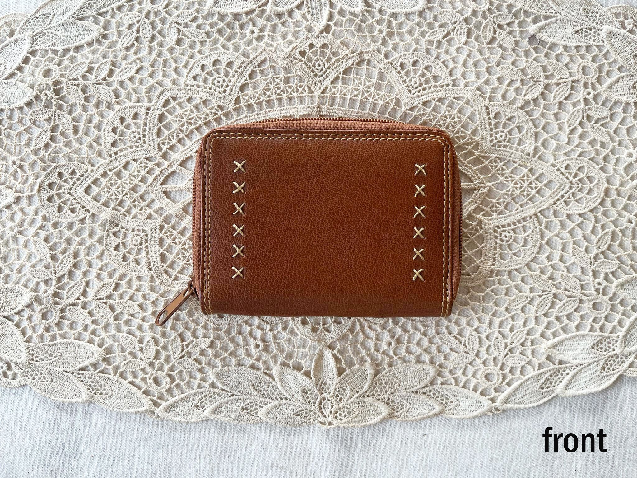 Vintage Caramel faux leather zip up short wallet with x stitch Size ONE SIZE - 3 Thumbnail