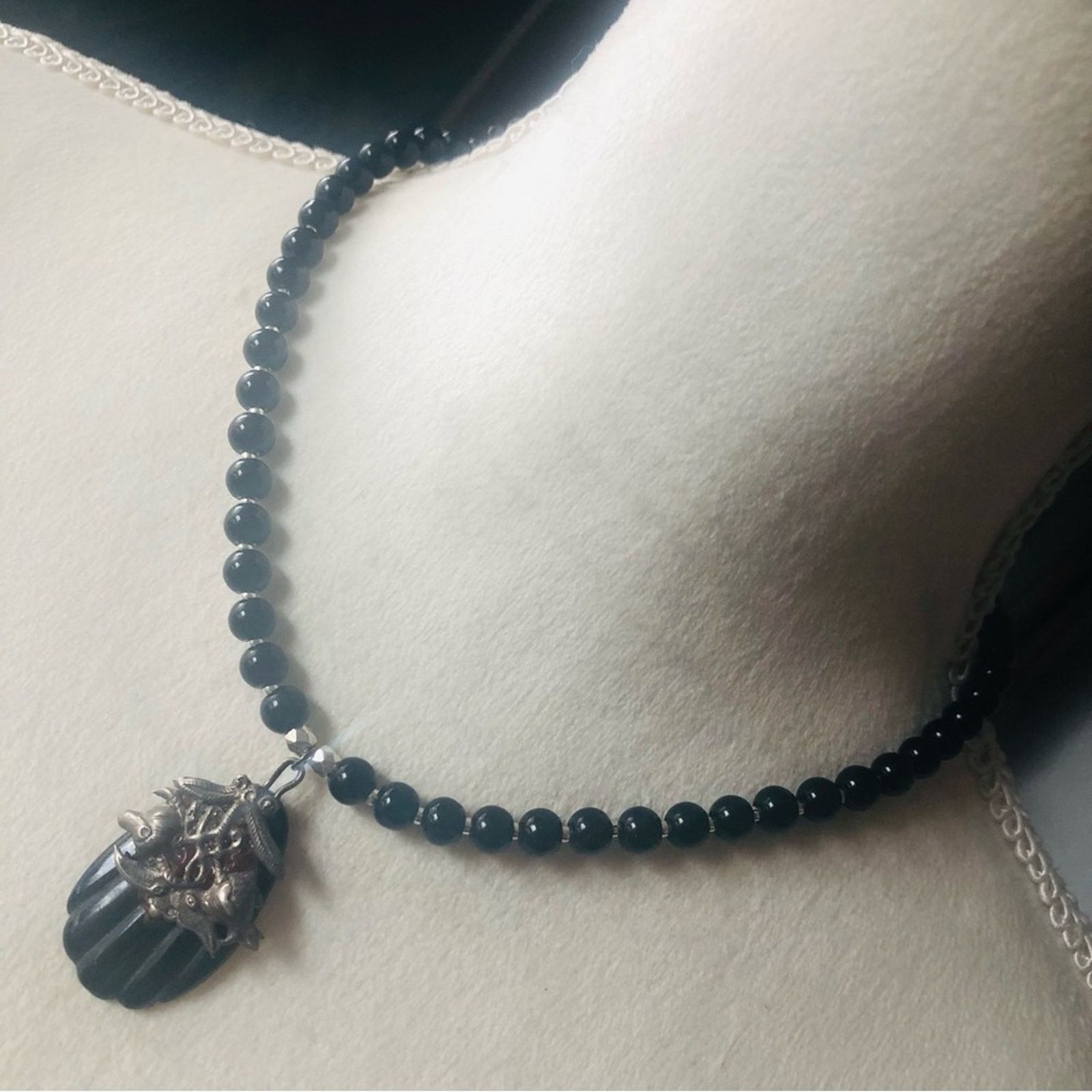 Handmade Handcrafted repurpose black Chalcedony stone Pearl necklace Size ONE SIZE - 1 Thumbnail