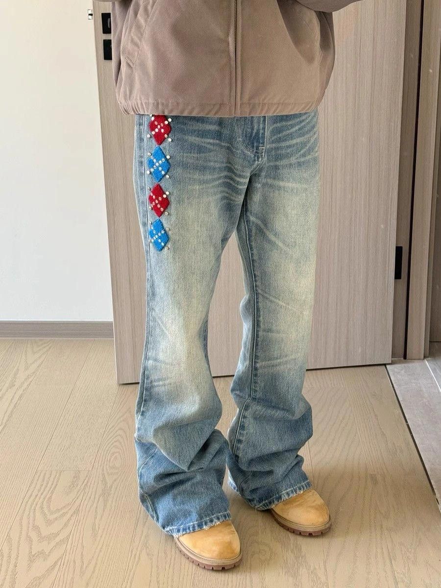 Jean Patchwork Embroidered Stacked Flare Denim Jeans Size US 32 / EU 48 - 1 Thumbnail