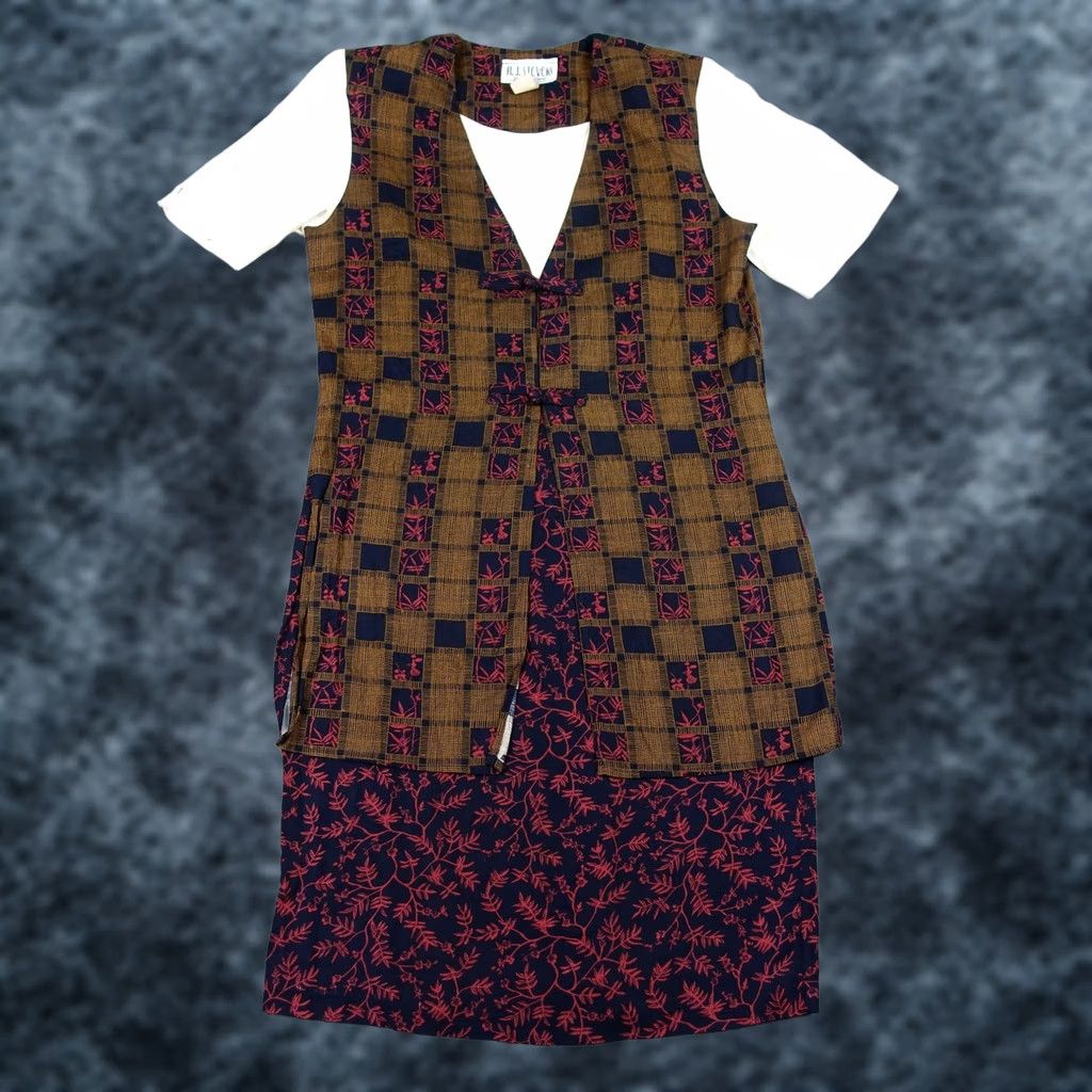 Vintage VINTAGE R J Stevens Dress Womens 8 Brown Navy Floral Maxi Asian Teacher Costume Size M / US 6-8 / IT 42-44 - 1 Thumbnail