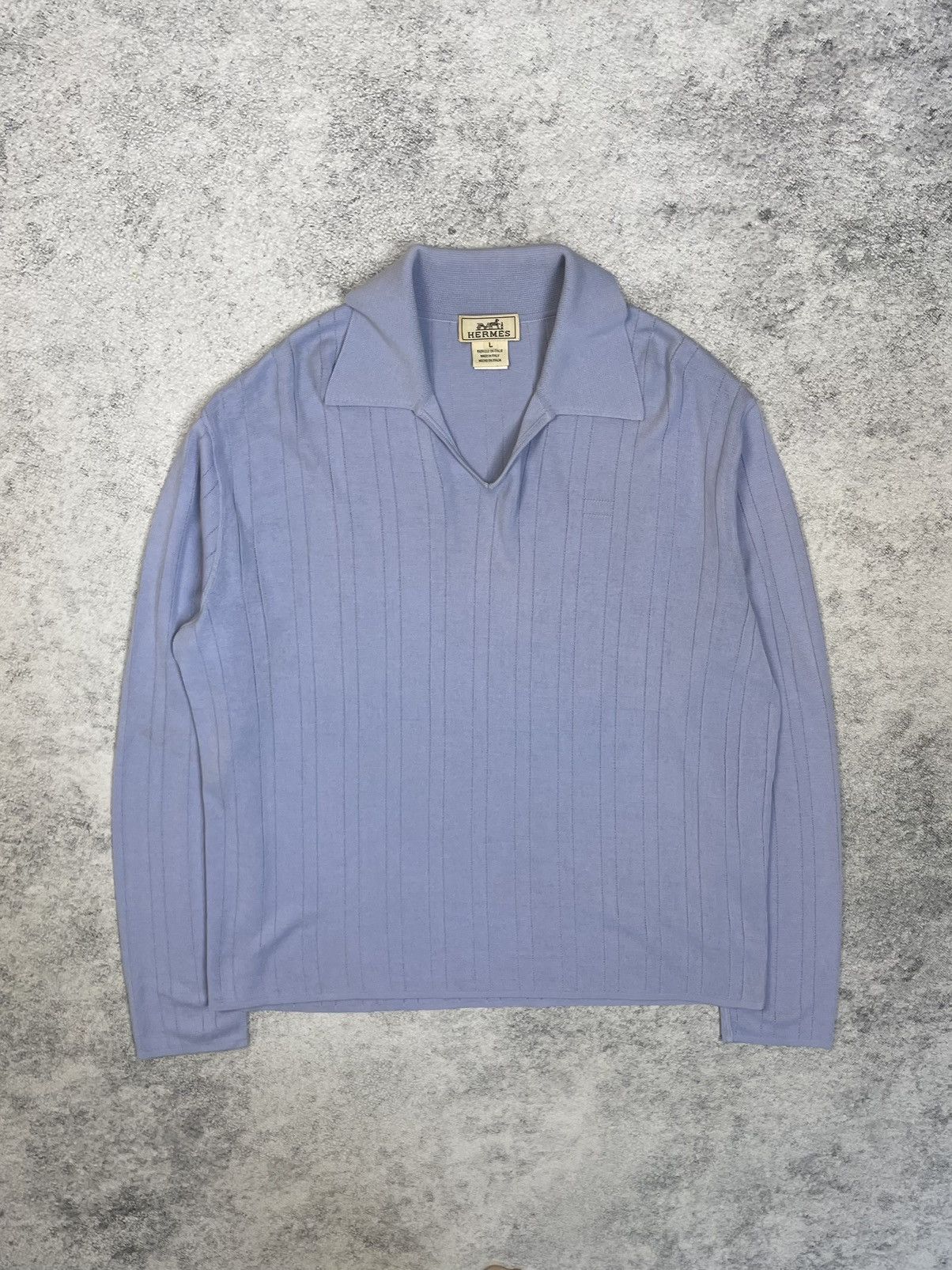 image of extremely Vintage Hermes Rugby V-Neck Pullover in Blue, Men's (Size Large)