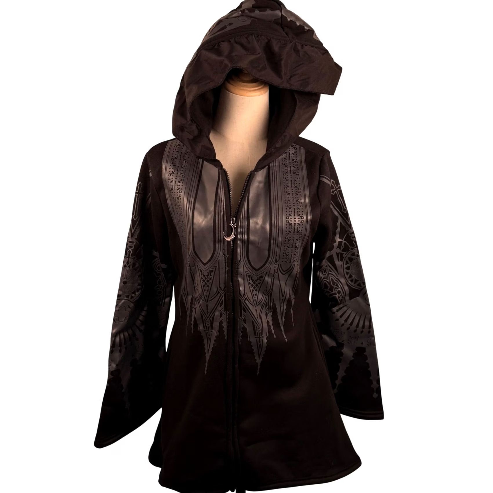 Bell Gothic Black M Zip Witchy Fleece Cloak Hoodie Cathedral Bell Sleeve Moon Occult Hoodie, Black, M, Women Size M / US 6-8 / IT 42-44 - 6 Thumbnail
