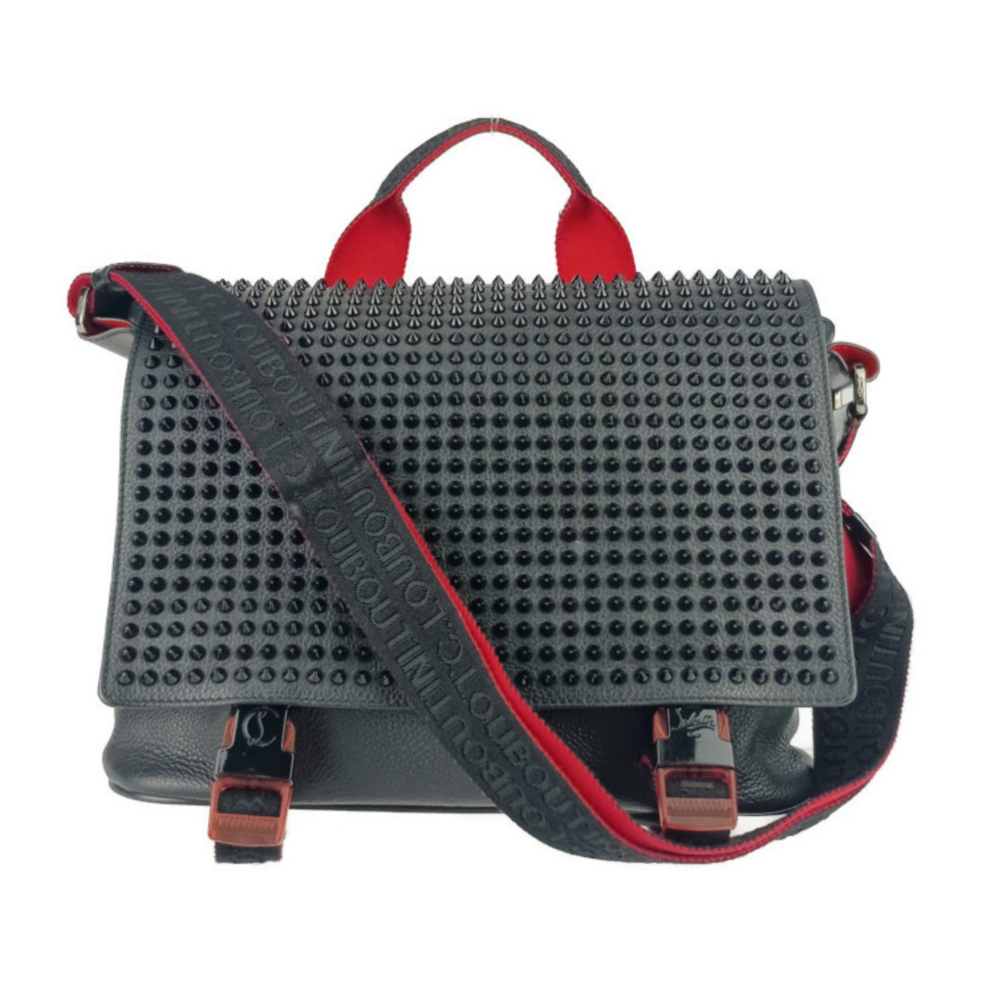 Christian Louboutin Shoulder Bag Rubiclic 3195233 Black Red Leather Men's Spike Studs Handbag