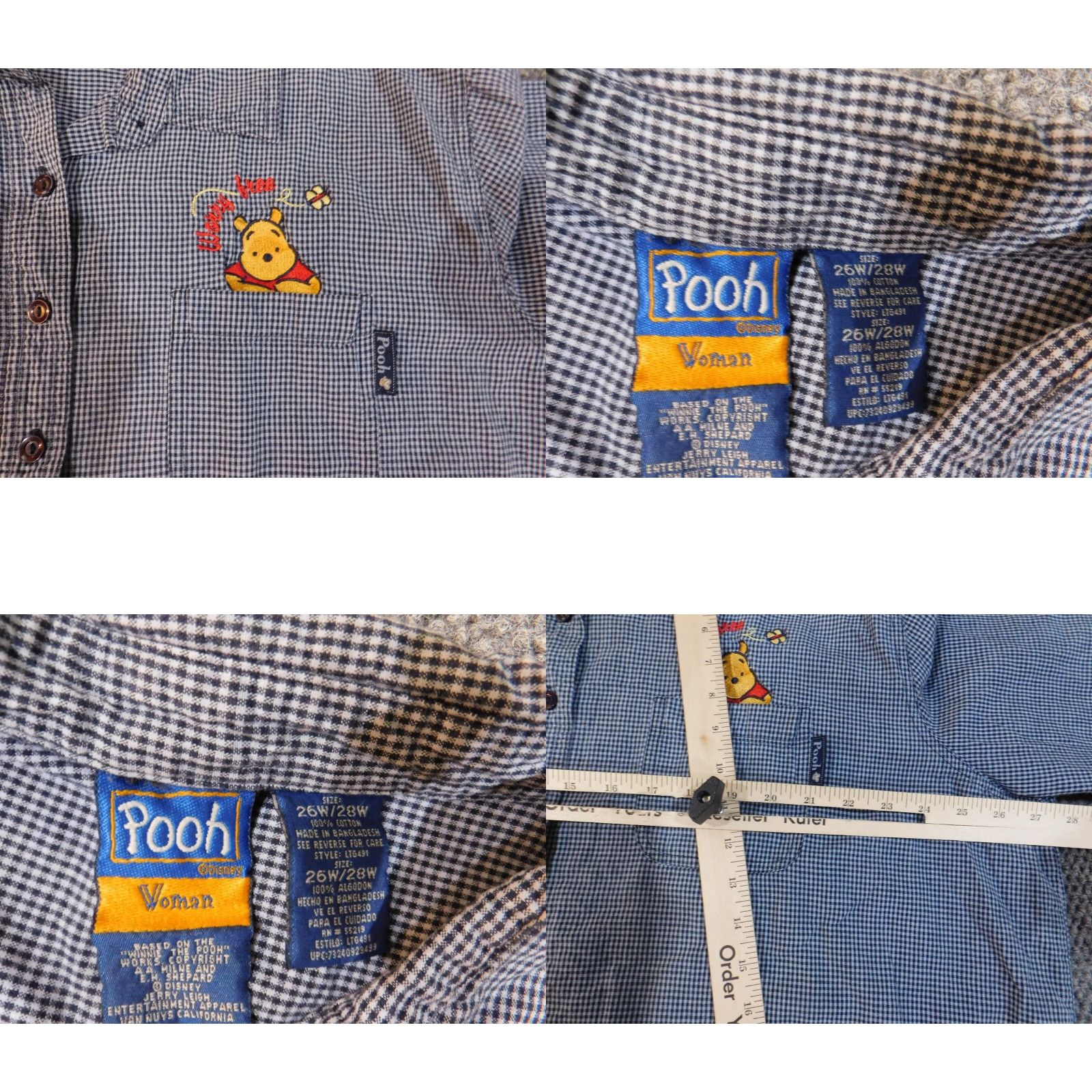 Vintage Winnie the Pooh Shirt Women 26W Blue Plaid Button-Up Embroidered Knit Cotton 90s Vintage Casual Womens Size 4XL / US 24-26 - 8 Thumbnail