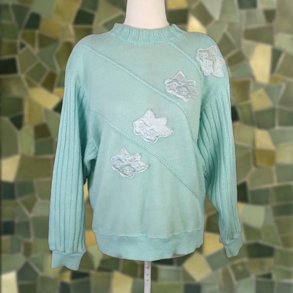 Vintage VINTAGE 80s Mint Green-Blue Floral Embroidered Wool Sweater L Womens Size L / US 10 / IT 46 - 1 Thumbnail