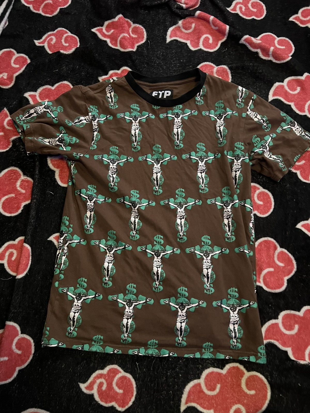 image of Fuck The Population Ftp Jesus Money Guns Shirt in Brown, Men's (Size Medium)