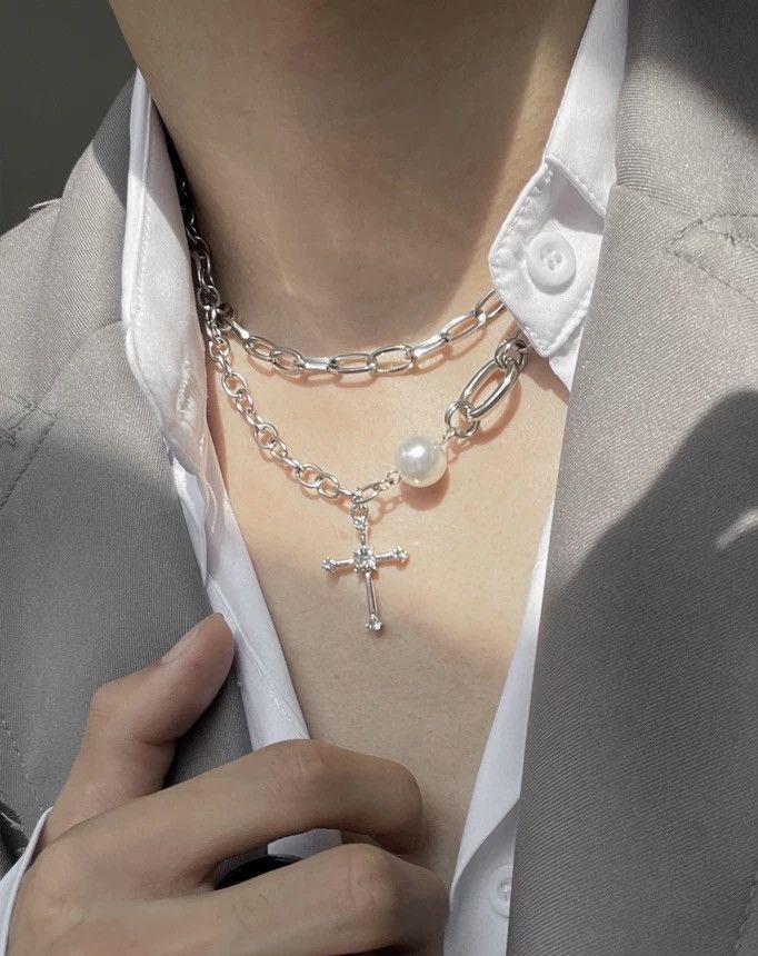 Japanese Brand × Jewelry Fashion punk pearl cross chain layered choker necklace Size ONE SIZE - 2 Thumbnail
