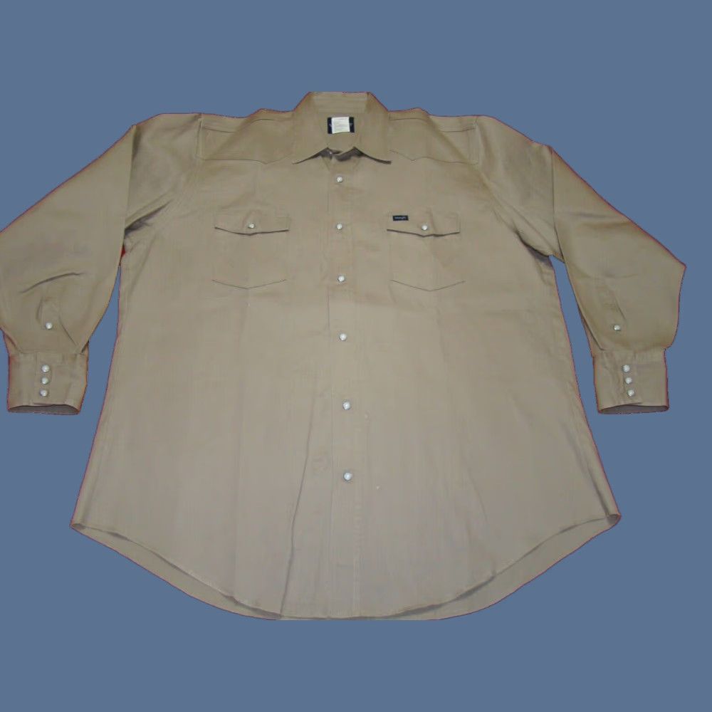 Wrangler VINTAGE Wrangler Mens Denim Pearl Snap Khaki Western Shirt 2XL 18.5x37 Tall Big & Tall USA Western Men Shirt Blocked? Size US XXL / EU 58 / 5 - 1 Thumbnail