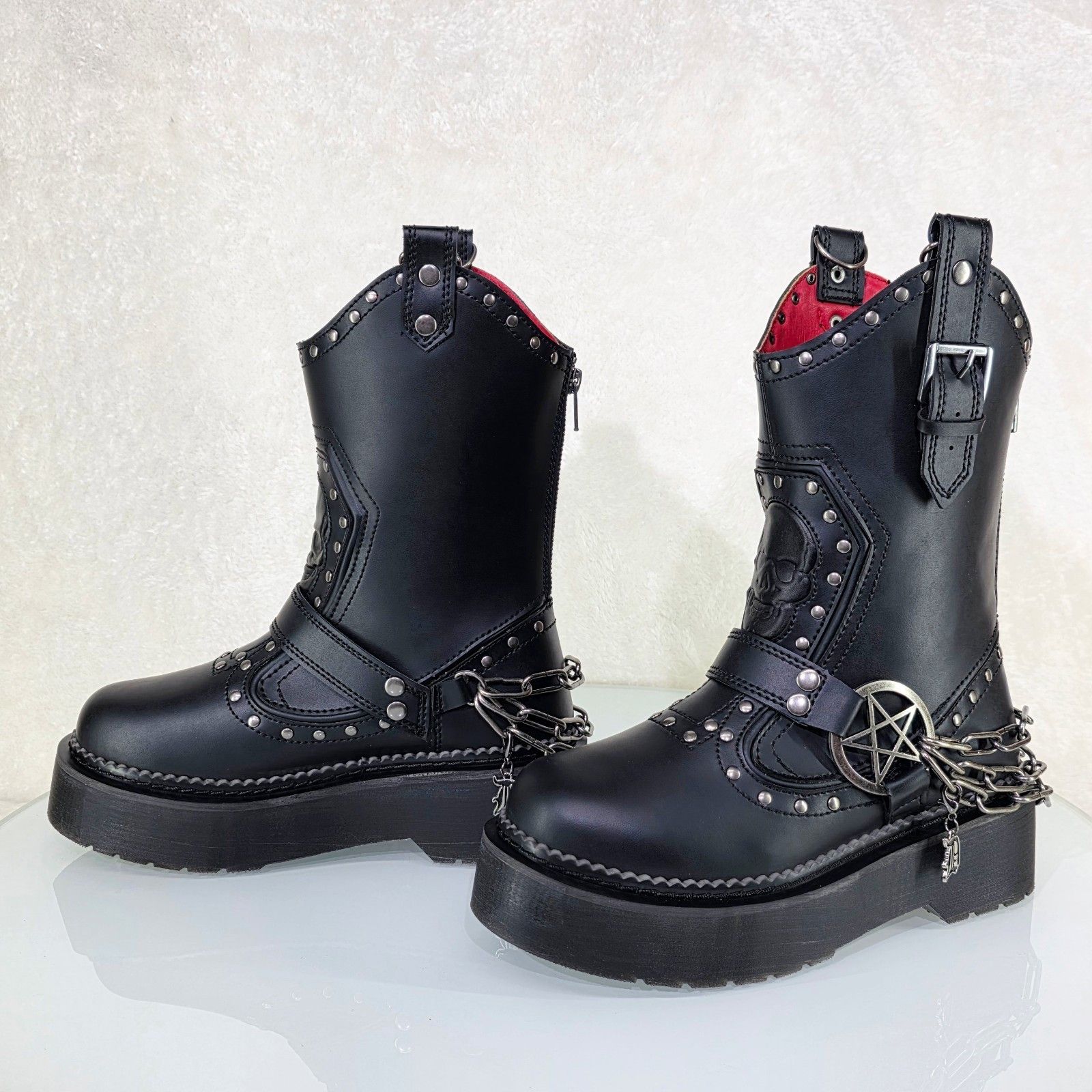 Other Rebel Goth Punk Engineer Western Mid Calf Boots Skull Chains Size US 12 / IT 42 - 1 Thumbnail