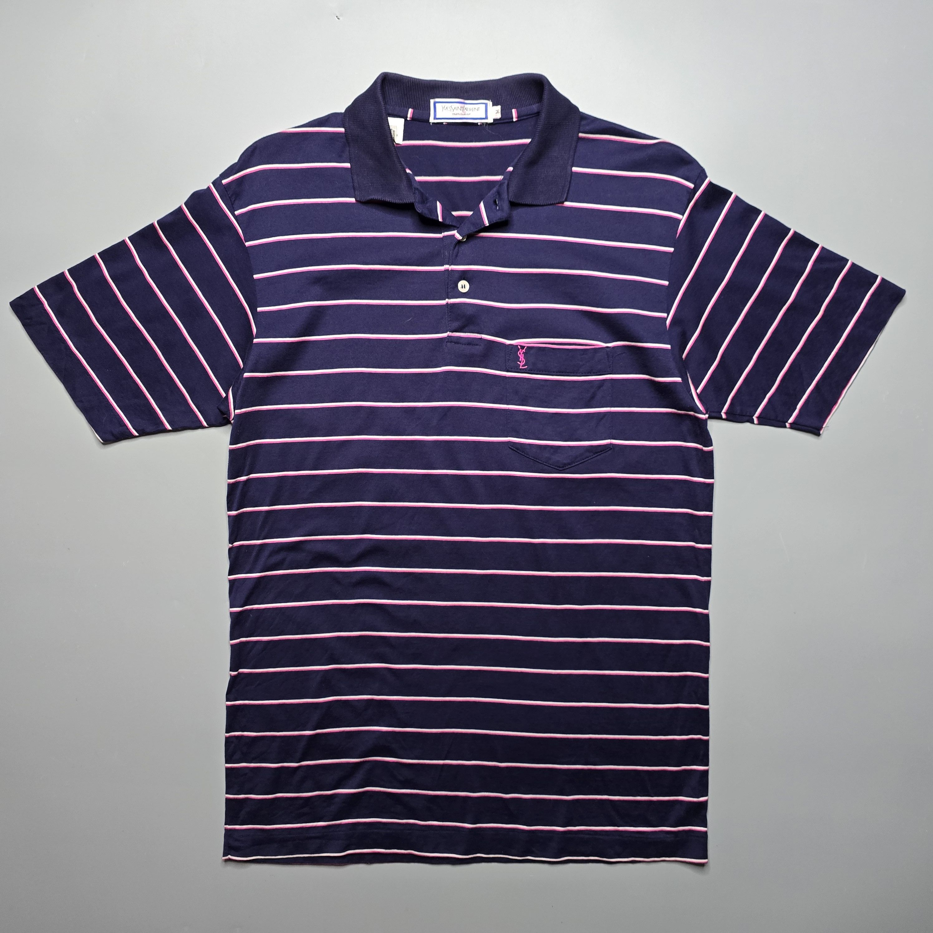 Image of Saint Laurent Paris x YVES Saint Laurent - Vintage Striped Pocket Polo Shirt in Navy (Size Small)