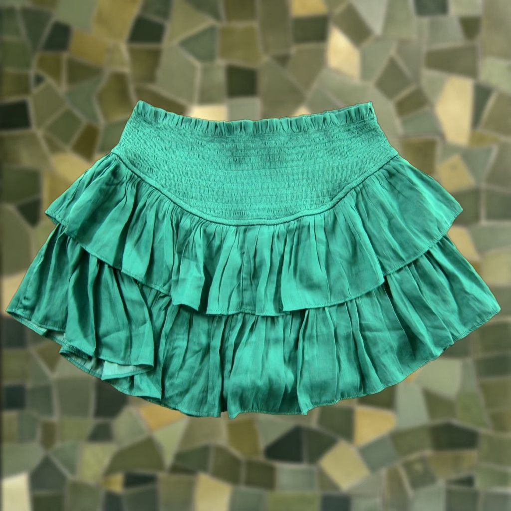 Vintage NWT Mustard Seed Skirt Skort Green Short Lined Stretch Mini Tie-Front Smocking Polyester M Size 32" / US 10 / IT 46 - 1 Thumbnail