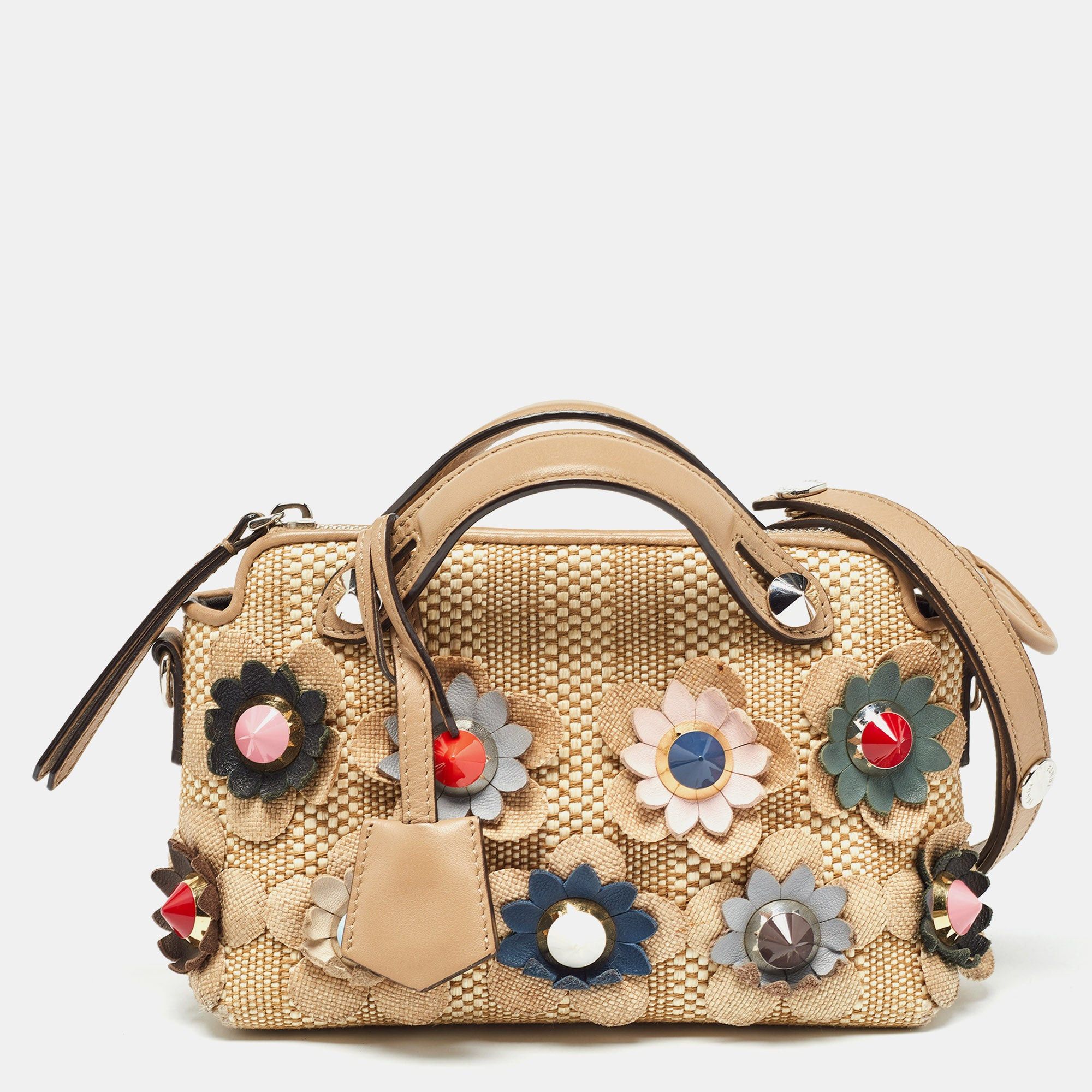 image of Fendi Beige Raffia And Leather Mini Flowerland By The Way Shoulder Bag in White, Women's