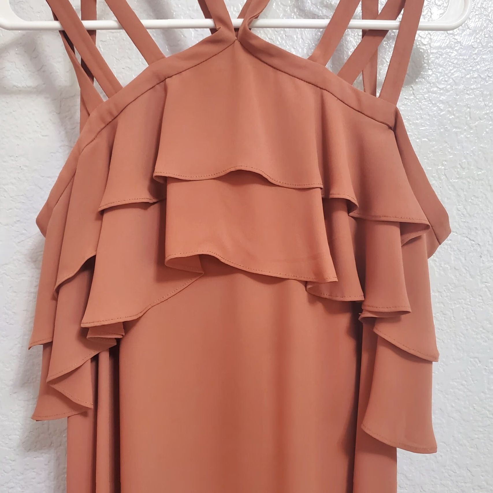 Bcbgmaxazria BCBGMAXAZRIA Womens Dress S Chelsey Cedarwood Cold Shoulder Ruffles Strappy Mini Dress - Terracotta Womens (S) Size S / US 4 / IT 40 - 5 Thumbnail