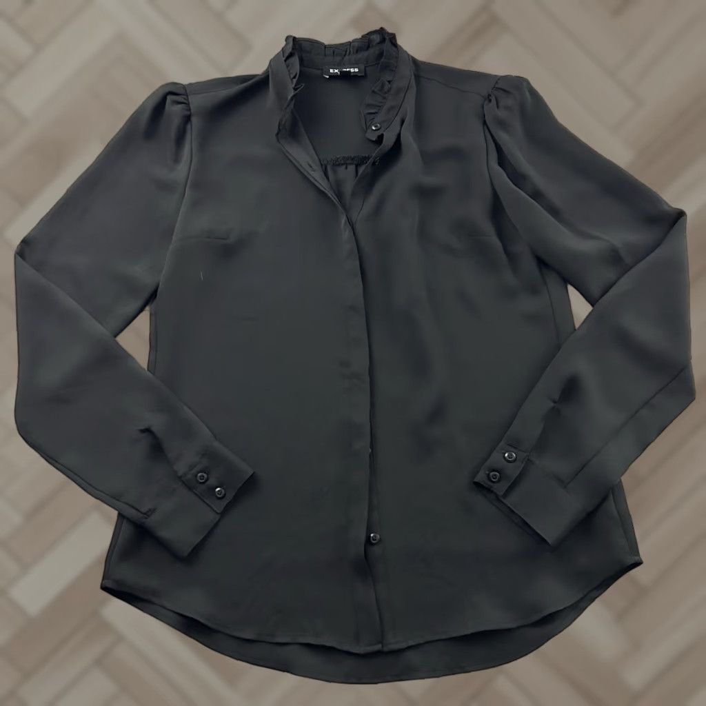 Express Express Portofino Long Sleeve Button Front Ruffle Top Women's Small Black Size S / US 4 / IT 40 - 1 Thumbnail