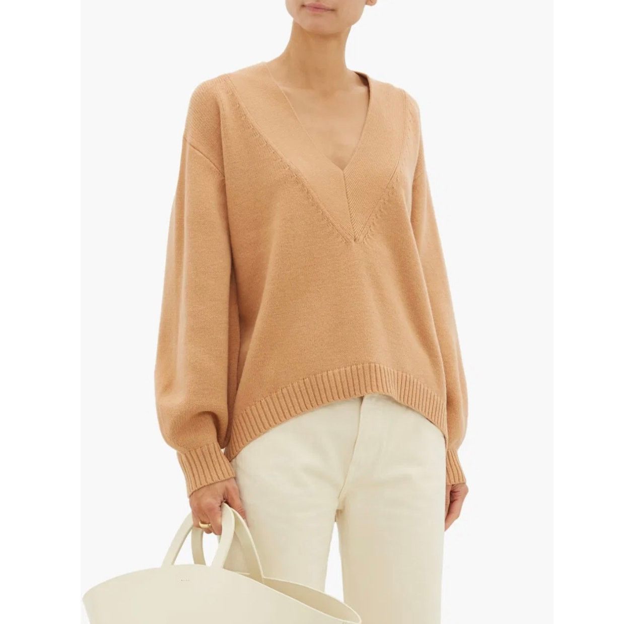 Tibi Tibi Merino Wool V-neck Puff Sleeve Camel Sweater Small Size S / US 4 / IT 40 - 2 Thumbnail