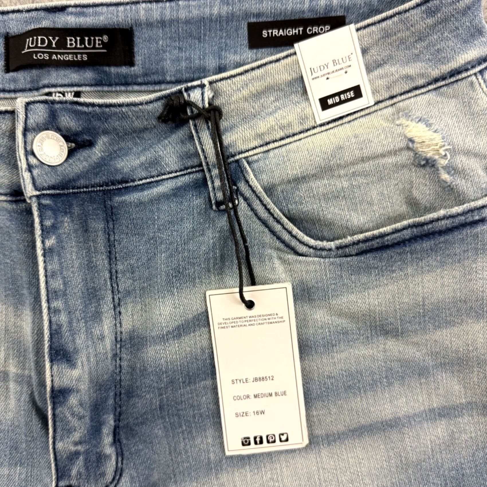 Vintage Judy Blue Jeans Womens 16 Mid Rise Straight Blue Stretch Distressed Raw Hem NWT Size 38" / US 16 / IT 52 - 4 Thumbnail