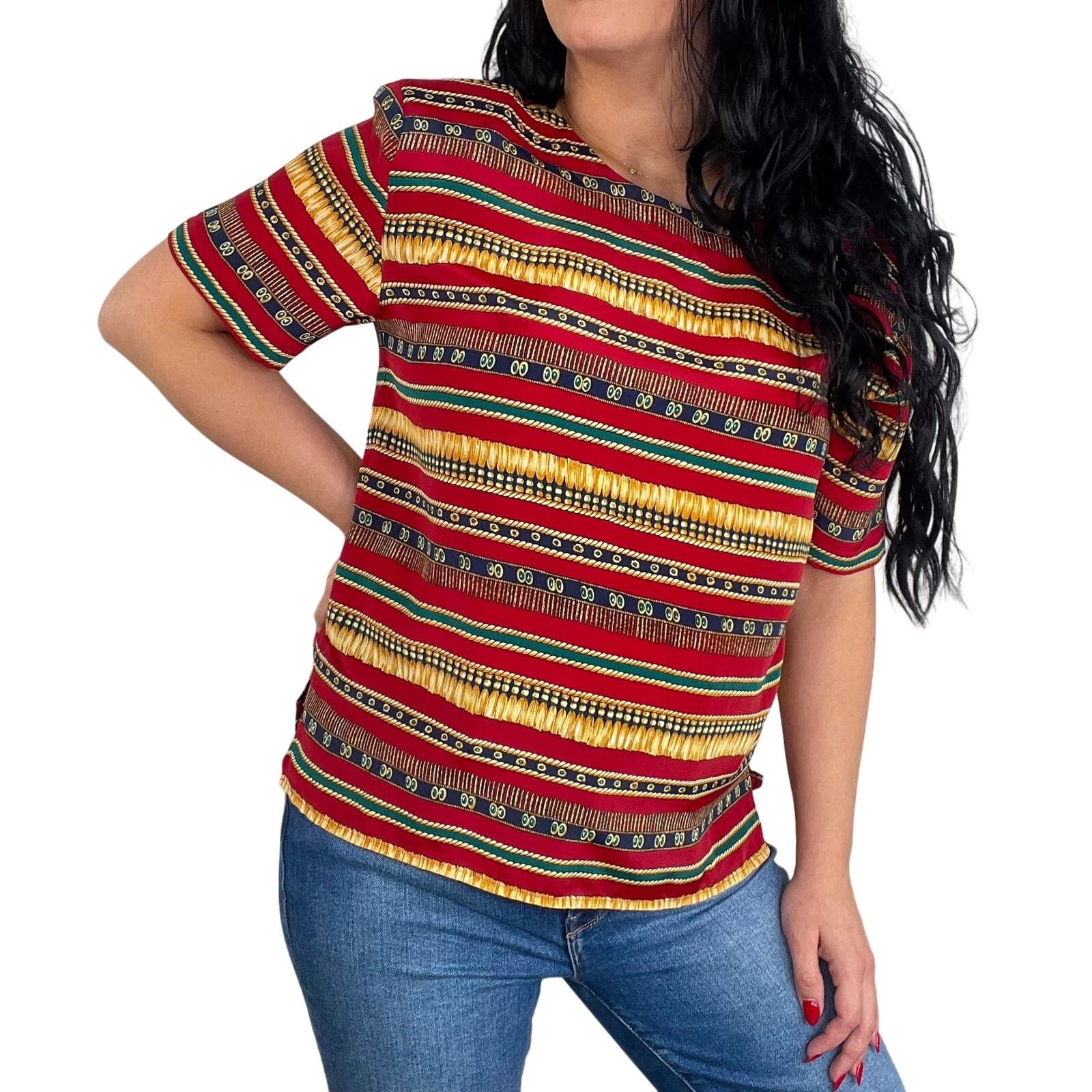 Vintage 1980s Vintage Red & Gold Retro Geometric Blouse Large Size M / US 6-8 / IT 42-44 - 4 Thumbnail