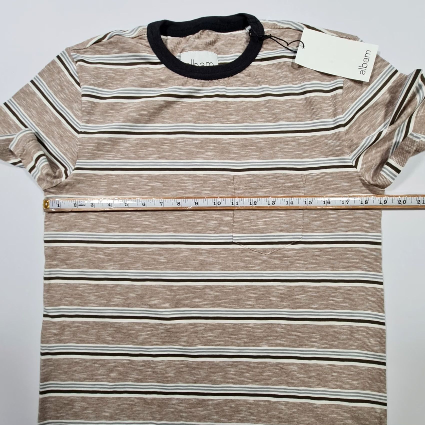Albam albam Mens T Shirt Brown XS Striped Short Sleeve Crew Neck 100% Cotton Tee Top Logo Size US XS / EU 42 / 0 - 6 Thumbnail