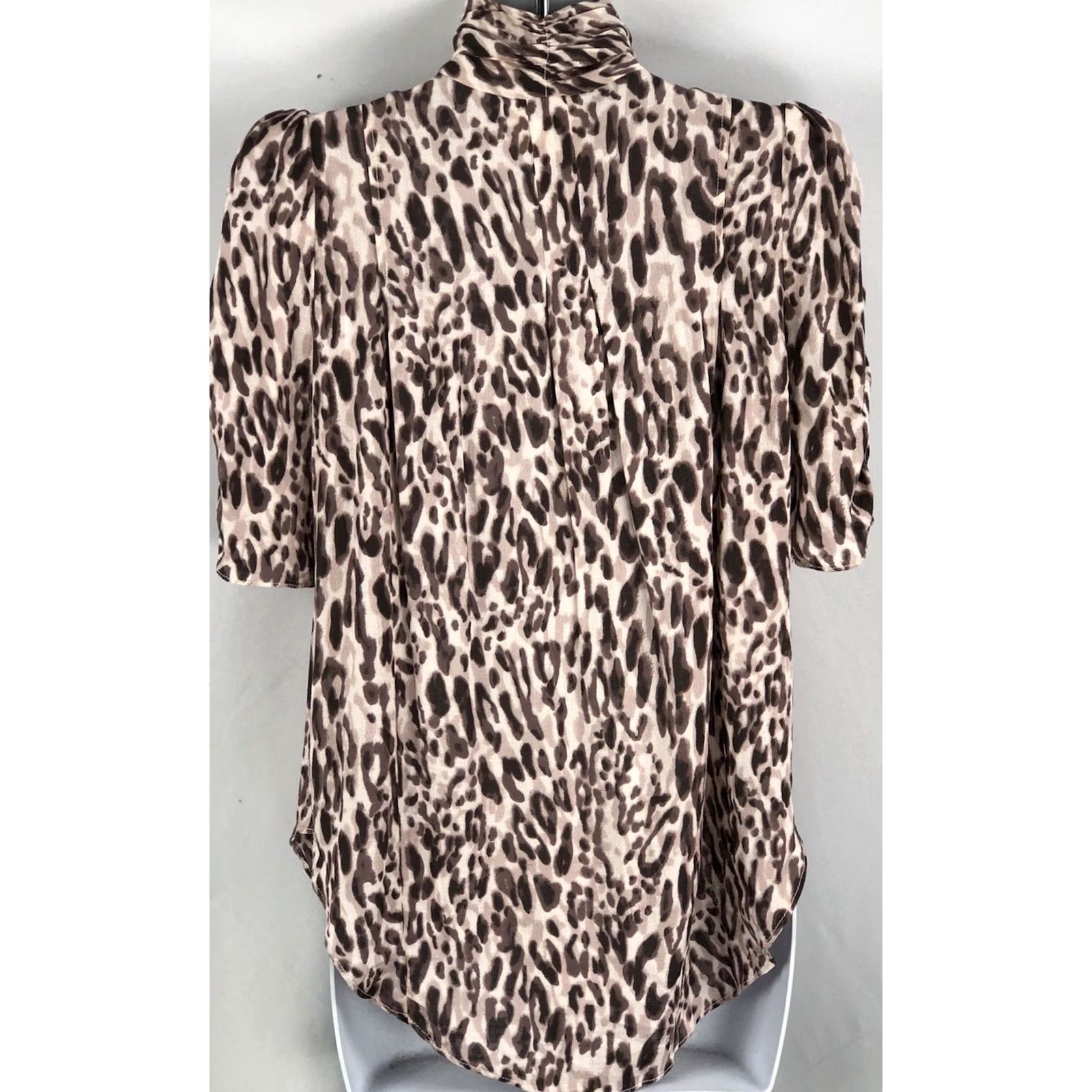 Vintage Mauve Leopard Puff Sleeves Turtleneck Blouse 2 Office Career Button Front Pleated 90s 2000s Womens Size XS / US 0-2 / IT 36-38 - 3 Thumbnail