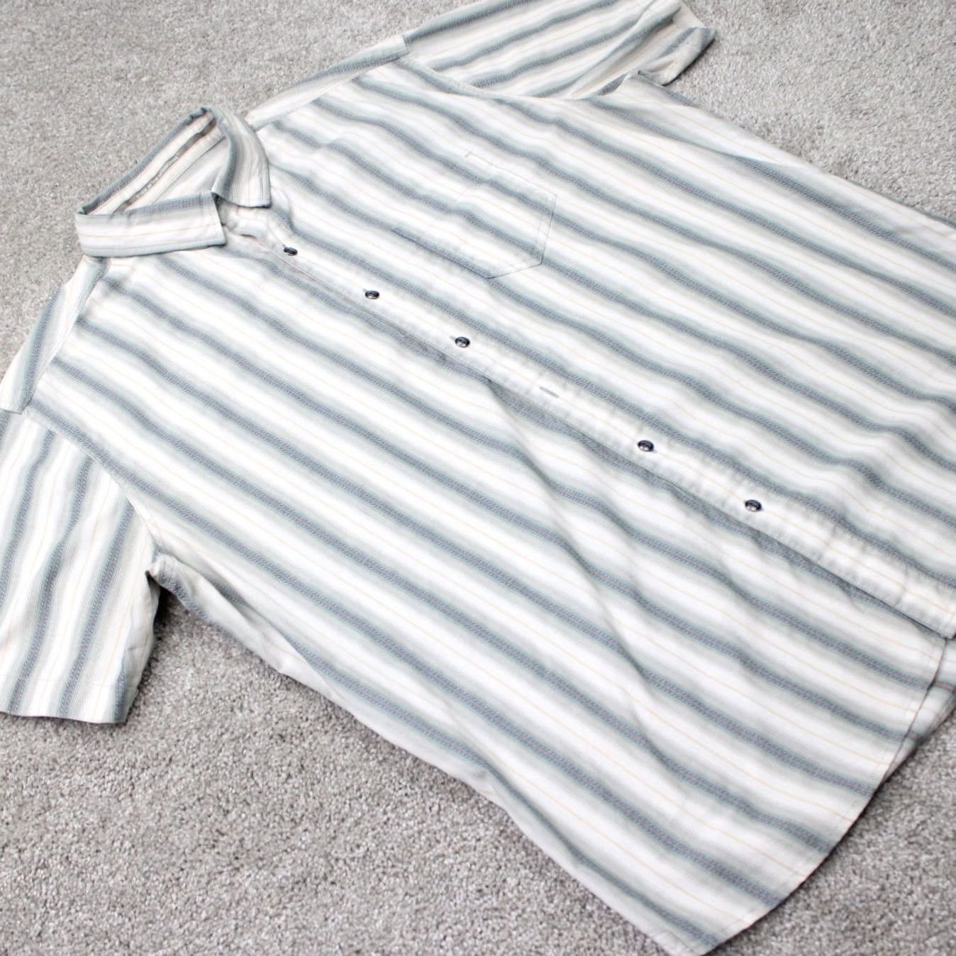 Vintage Kuhl Bohemian Shirt Mens XL Striped 100% Cotton Short Sleeve Beige/Blue Button-Up Cap/Collar Spread Casual Workwear Travel Size US XL / EU 56 / 4 - 6 Thumbnail