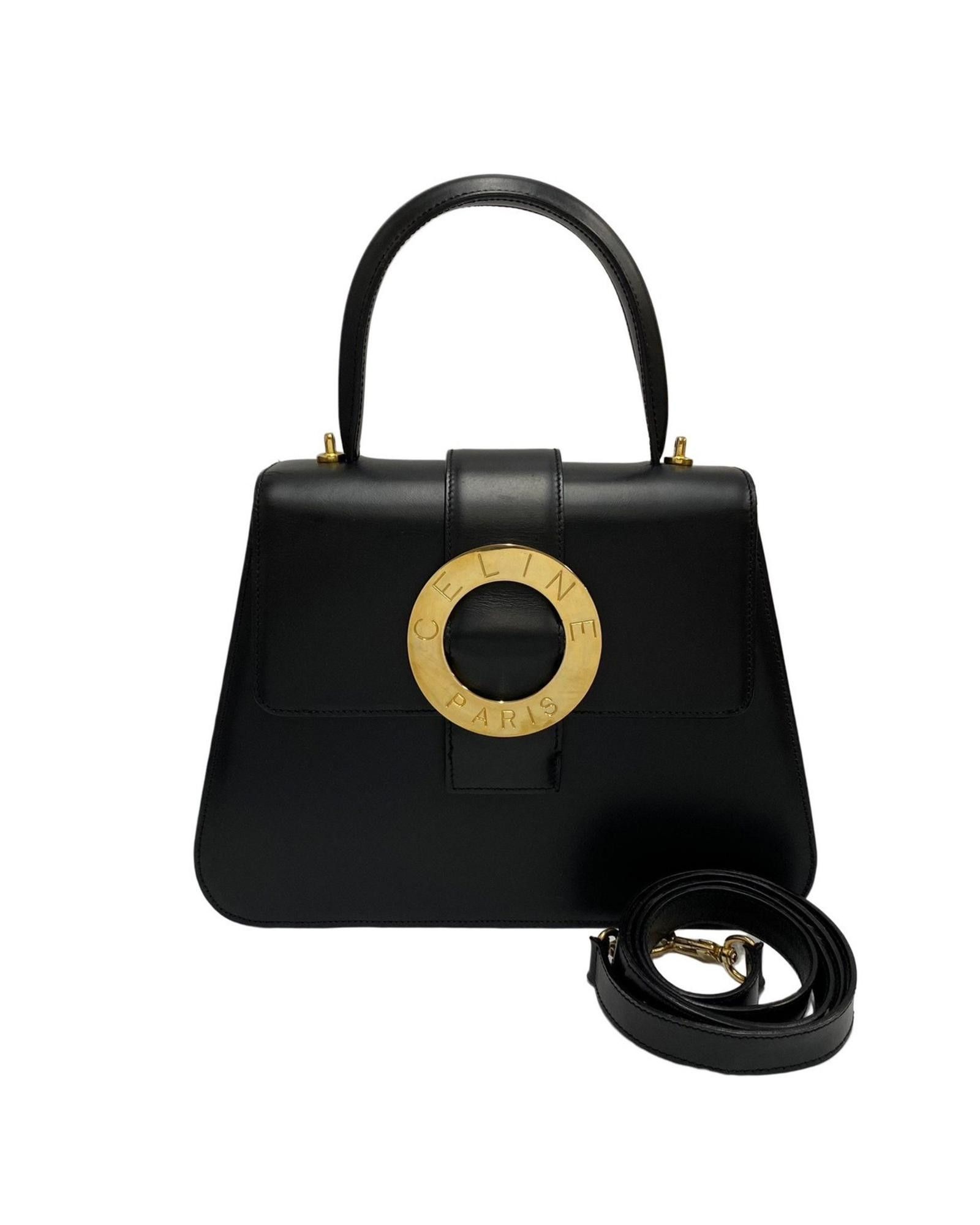 image of Celine Sophisticated Circle Logo Shoulder Bag In Black Leather, Women's