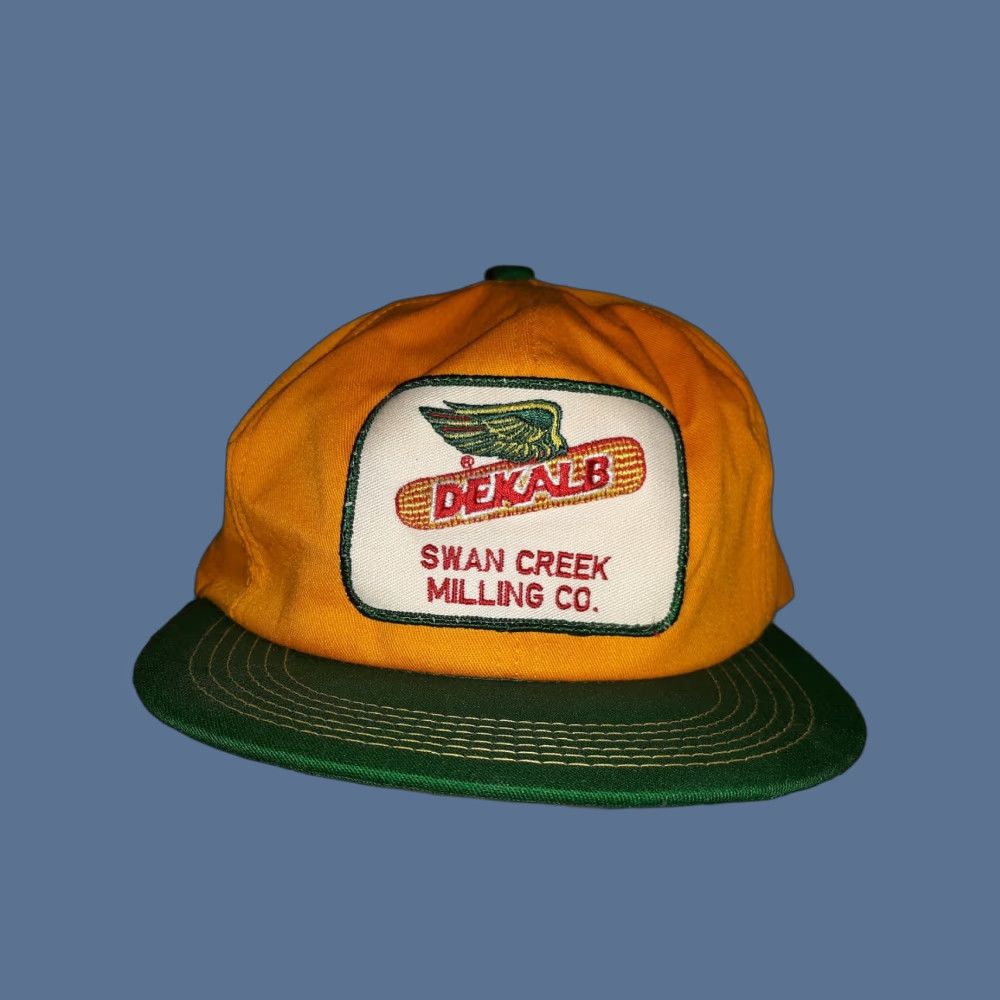 Vintage VINTAGE 1980s DEKALB FARM PATCH SNAPBACK TRUCKER HAT CAP K-Products USA Yellow Cap Men/Women? Size ONE SIZE - 1 Thumbnail