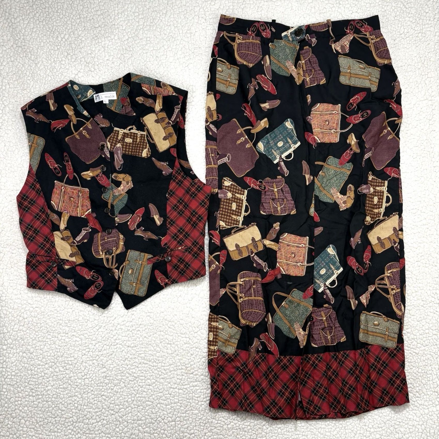 Vintage VINTAGE FL Malik Skirt Set Vest 2pc Size 12 Red Purse Shoes Novelty Print USA Size 34" / US 12 / IT 48 - 2 Thumbnail