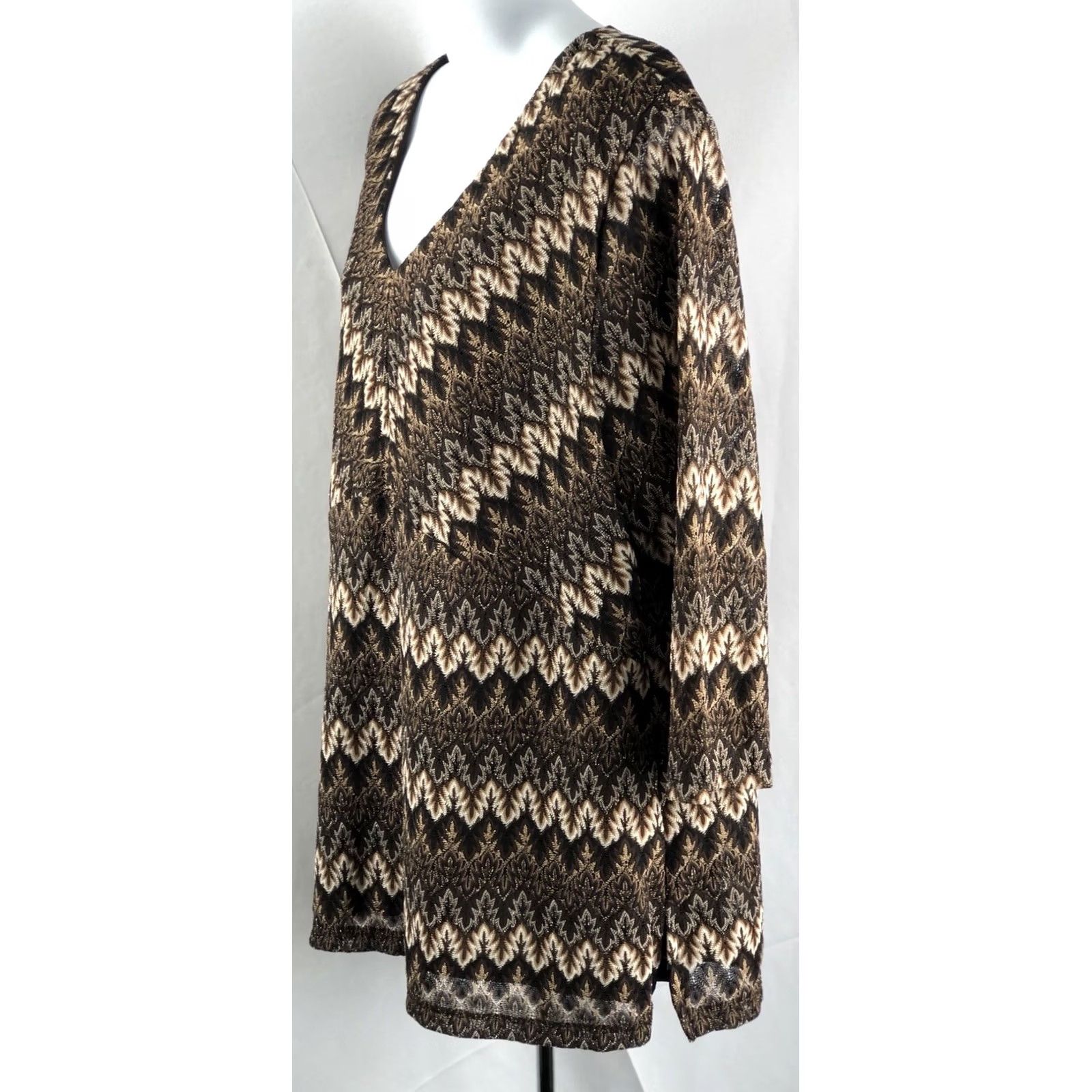 JM Collection JM Collection Knit Top 2X Brown Sparkle 3/4 Sleeve V-Neck Geometric Aztec Boho Tunic Women XS to XL? Size XXL / US 16-18 / IT 52-54 - 2 Thumbnail