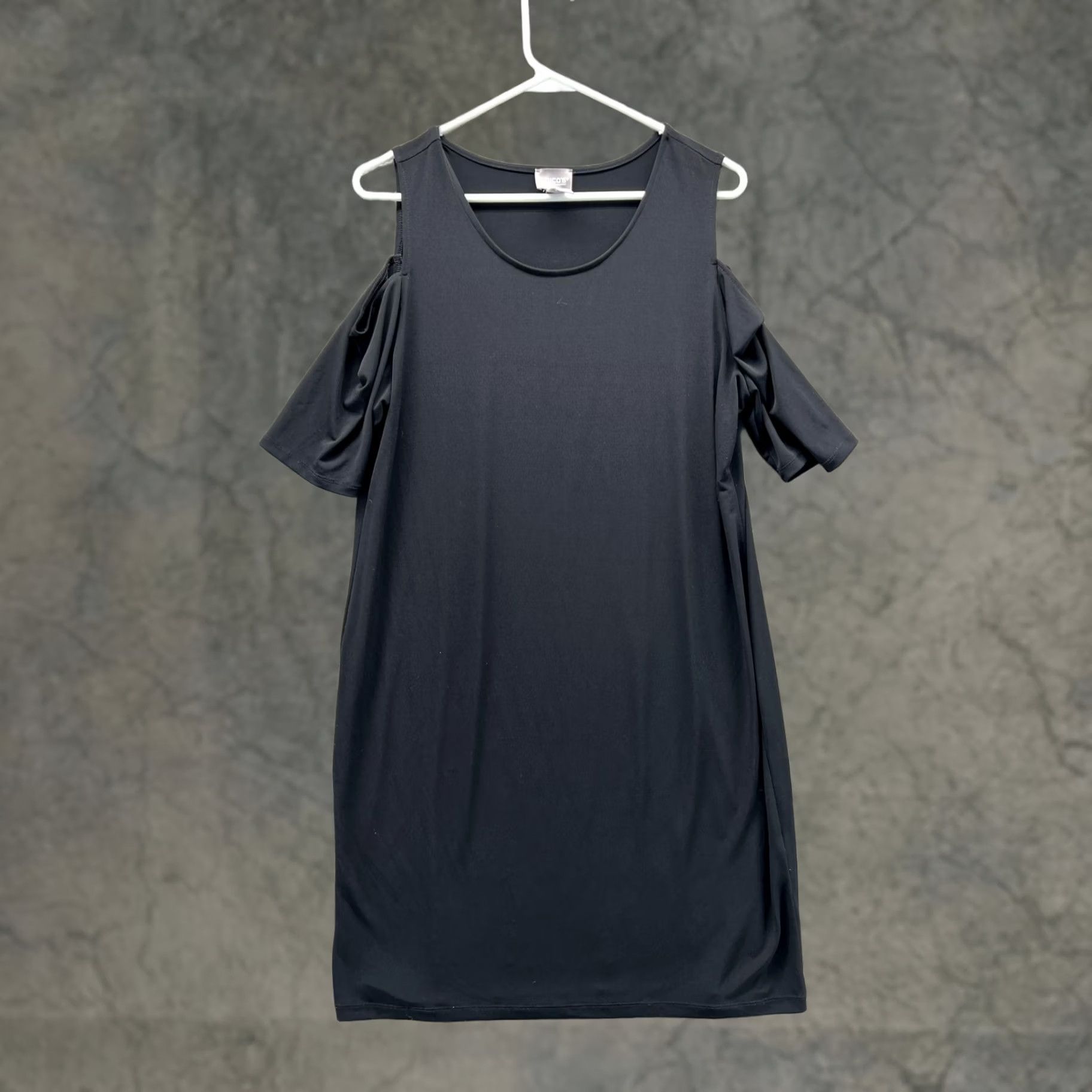 Vintage Chico's Shirt Dress Womens 2 Black Cold Shoulder Ruffle Scoop Neck Short Knit Dress Shirt Size XS / US 0-2 / IT 36-38 - 1 Thumbnail
