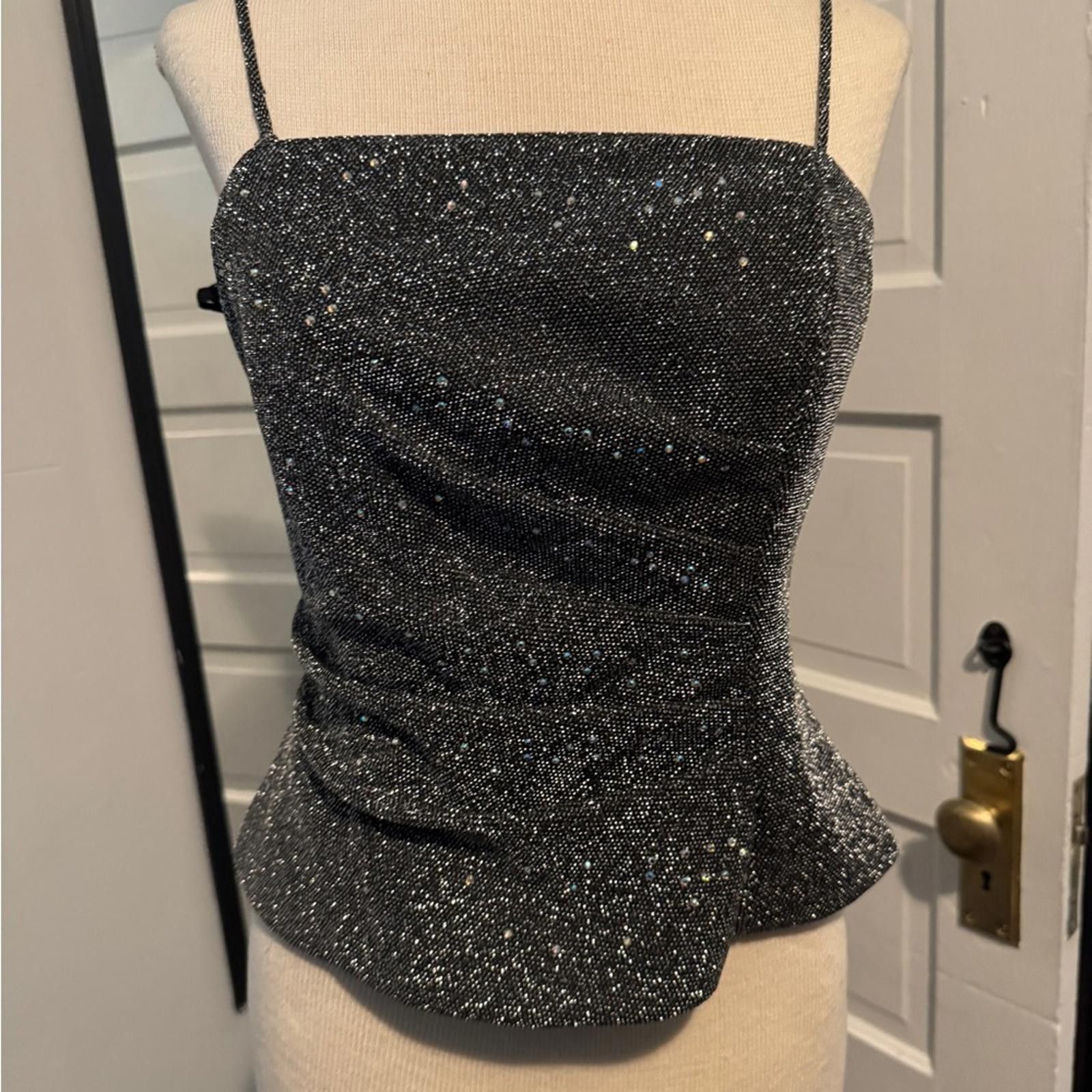 Designer Black and Silver Rhinestone spaghetti strap top Size S / US 4 / IT 40 - 1 Thumbnail